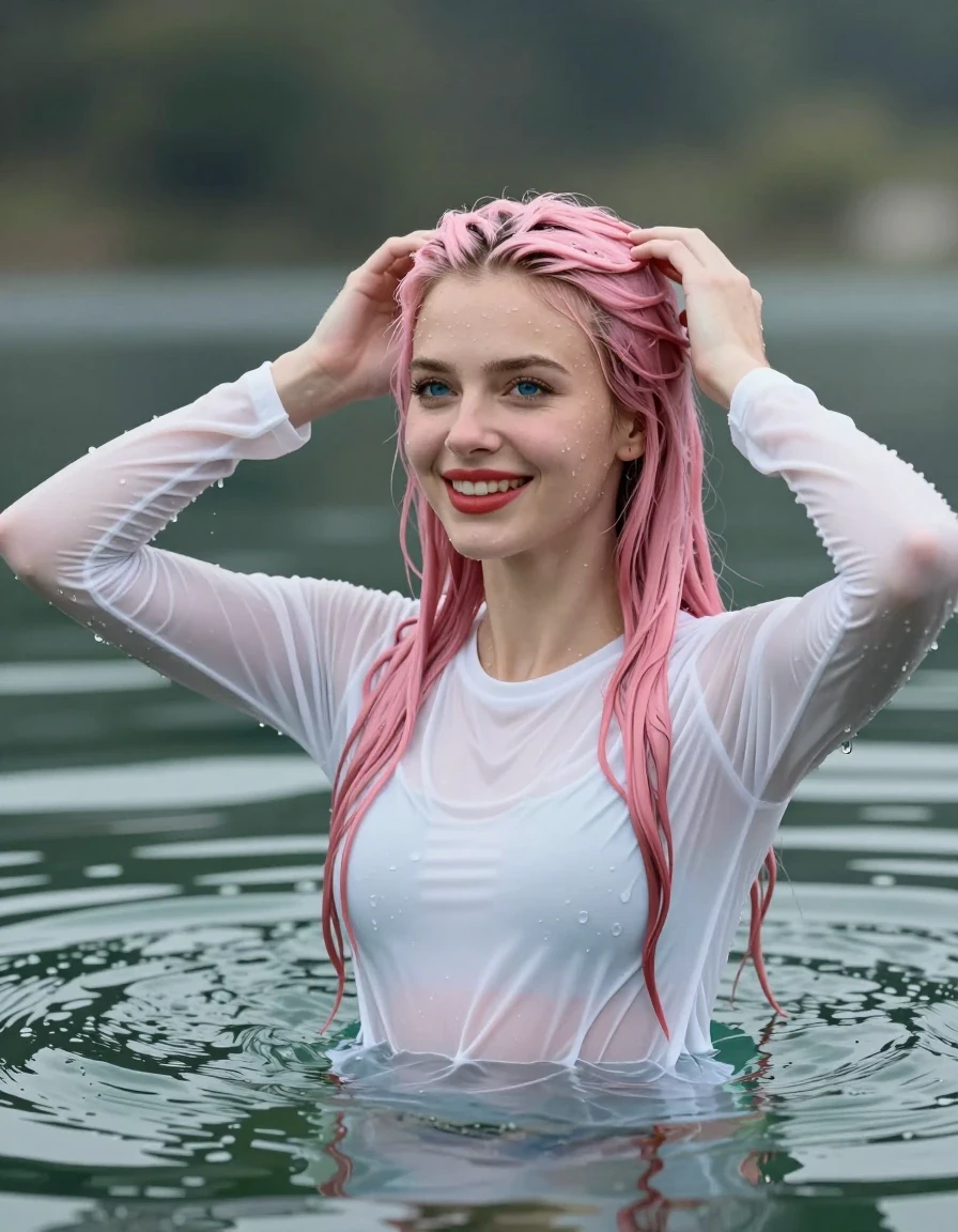 photo of young woman, in soaking wet, drenched clothes,
White longsleeves, Swimming in lake, 
enjoying, wet clothes stuck to body,
detailed textures of the wet clothes, wet face, wet plastered hair,
wet, drenched, professional, high-quality details, full body view.
sharp focus, ultra-high pixel detail, realistic, high-quality, full colors, incredibly detailed, 4k, 8k, 16k, hyper-realistic, RAW photo, masterpiece, ultra-detailed, professionally color graded, professional photograph, Young girl swimming totally submerged up of shoulders in lake smiling, upping hands, blue eyes, long pink hair, red lipstick, wet skin, wet clothes, damp fabric