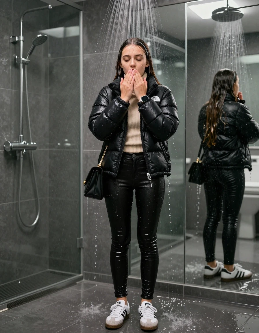 photo of young woman, in soaking wet, drenched clothes,
Totally Soaked White sneakers from Adidas Samba black striped , glistening soaked tight black skinny jeans , Glistening soaked black Puffer down jacket from north face, beige tight knit turtleneck sweater belly free, shoulderbag, pearl necklace, smartwatch , 15-year-old teenage Girl standing directly under a heavy powerful stream of water directely under shower in a modern mirrored  bathroom, 
enjoying, wet clothes stuck to body,
detailed textures of the wet clothes, wet face, wet plastered hair,
wet, drenched, professional, high-quality details, full body view.
sharp focus, ultra-high pixel detail, realistic, high-quality, full colors, incredibly detailed, 4k, 8k, 16k, hyper-realistic, RAW photo, masterpiece, ultra-detailed, professionally color graded, professional photograph, Behind view: 15-year-old teenage girl. looking  up.
wet plastered hair.  sleek long straight hair with a hairband with water cascading down her face and neck. Shocked  and astonished. closed eyes. Looking at camera. Hold her Hands on her mouth

The Girls wear different clothes.

The lighting is bright and cinematic, highlighting the glistening water droplets on her skin and the saturated texture of her clothes.

her clothes are heavy from the water, water runs from her body and her clothes in streams. A lot of water also runs out of her clothes. Her clothes are darkened by the water. Her submerged clothes are clinging wet. 
soft atmospheric lighting reflecting off the surface, cinematic medium shot, hyper-realistic wetness, high-contrast water sheen, 8k resolution, sharp focus, detailed skin texture., wet skin, wet clothes, damp fabric,, wet skin, wet clothes, damp fabric, wet skin, wet clothes, damp fabric, wet skin, wet clothes, damp fabric, wet skin, wet clothes, damp fabric, wet skin, wet clothes, damp fabric, wet skin, wet clothes, damp fabric, wet skin, wet clothes, damp fabric, wet skin, wet clothes, damp fabric, wet skin, wet clothes, damp fabric, wet skin, wet clothes, damp fabric, wet skin, wet clothes, damp fabric