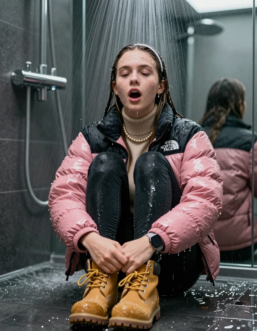 photo of young woman, in soaking wet, drenched clothes,
Totally soaked corn yellow timberland Boots, glistening soaked tight black skinny jeans , Glistening soaked pink Puffer down jacket from north face, beige tight knit turtleneck sweater belly free, shoulderbag, pearl necklace, smartwatch , 15-year-old teenage Girl sitting directly under a heavy powerful stream of water directely under shower in a modern mirrored  bathroom, 
enjoying, wet clothes stuck to body,
detailed textures of the wet clothes, wet face, wet plastered hair,
wet, drenched, professional, high-quality details, full body view.
sharp focus, ultra-high pixel detail, realistic, high-quality, full colors, incredibly detailed, 4k, 8k, 16k, hyper-realistic, RAW photo, masterpiece, ultra-detailed, professionally color graded, professional photograph, Behind view: 15-year-old teenage girl. looking up.
wet plastered hair.  sleek long straight hair with a hairband with water cascading down her face and neck. Shocked  and astonished. Closed mouth, closed eyes. Looking at camera. Hold her Hands on her knees, pressed the knees together.

The Girls wear different clothes.

The lighting is bright and cinematic, highlighting the glistening water droplets on her skin and the saturated texture of her clothes.

her clothes are heavy from the water, water runs from her body and her clothes in streams. A lot of water also runs out of her clothes. Her clothes are darkened by the water. Her submerged clothes are clinging wet. 
soft atmospheric lighting reflecting off the surface, cinematic medium shot, hyper-realistic wetness, high-contrast water sheen, 8k resolution, sharp focus, detailed skin texture., wet skin, wet clothes, damp fabric,, wet skin, wet clothes, damp fabric, wet skin, wet clothes, damp fabric, wet skin, wet clothes, damp fabric, wet skin, wet clothes, damp fabric, wet skin, wet clothes, damp fabric, wet skin, wet clothes, damp fabric, wet skin, wet clothes, damp fabric, wet skin, wet clothes, damp fabric, wet skin, wet clothes, damp fabric, wet skin, wet clothes, damp fabric, wet skin, wet clothes, damp fabric, wet skin, wet clothes, damp fabric