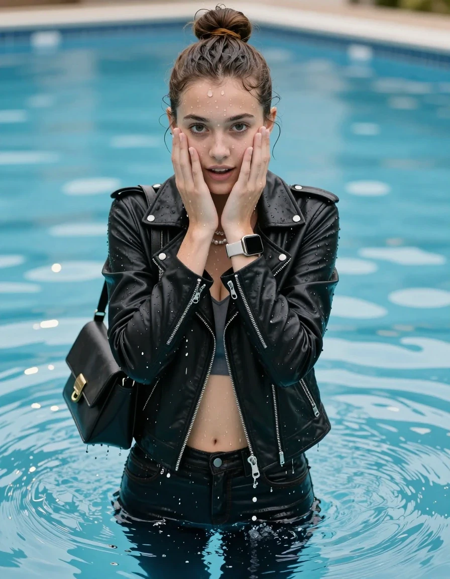 photo of young woman, in soaking wet, drenched clothes,
, Glistening soaked tight skinny jeans, Glistening soaked black biker leatherjacket, tight sexy tshirt with wide neckline belly free, shoulderbag, pearl necklace, smartwatch , Pool, 
enjoying, wet clothes stuck to body,
detailed textures of the wet clothes, wet face, wet plastered hair,
wet, drenched, professional, high-quality details, full body view.
sharp focus, ultra-high pixel detail, realistic, high-quality, full colors, incredibly detailed, 4k, 8k, 16k, hyper-realistic, RAW photo, masterpiece, ultra-detailed, professionally color graded, professional photograph, A realistic vertical fashion photograph of an  15-year-old teenage Girl emerge after a dip submerged in a clear blue swimming pool. 
Complete wet plastered hair. Brunette  topknot with water cascading down her clothes. Shy and astonished. Slightly smile. Looking at camera. Hold her hands over her face. Open mouth, big eyes. She soak her shoulderbag in the water. The girl is positioned in the center of the frame, only  her head is visible above the shimmering water surface, while her body and legs are submerged below. Natural sunlight creates sparkling reflections on the water's surface. High-quality fashion photography, sharp focus on her face, cinematic lighting.
The lighting is bright and cinematic, highlighting the glistening water droplets on her skin and the saturated texture of her clothes.

her clothes are heavy from the water, water runs from her body and her clothes in streams. A lot of water also runs out of her clothes. Her clothes are darkened by the water. Her submerged clothes are clinging wet. 
soft atmospheric lighting reflecting off the surface, cinematic medium shot, hyper-realistic wetness, high-contrast water sheen, 8k resolution, sharp focus, wet skin, wet clothes, damp fabric, wet skin, wet clothes, damp fabric