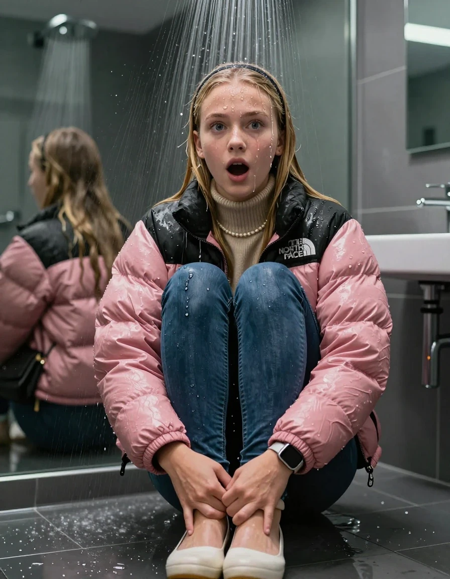photo of young woman, in soaking wet, drenched clothes,
Pumps, glistening soaked tight skinny jeans , Glistening soaked pink Puffer down jacket from north face, beige tight knit turtleneck sweater belly free, shoulderbag, pearl necklace, smartwatch , 15-year-old teenage Girl directly under a heavy, powerful stream of water directely under shower in a modern mirrored  bathroom, 
enjoying, wet clothes stuck to body,
detailed textures of the wet clothes, wet face, wet plastered hair,
wet, drenched, professional, high-quality details, full body view.
sharp focus, ultra-high pixel detail, realistic, high-quality, full colors, incredibly detailed, 4k, 8k, 16k, hyper-realistic, RAW photo, masterpiece, ultra-detailed, professionally color graded, professional photograph, Behind view: 15-year-old teenage girl. looking at camera.
wet plastered hair. Blonde sleek long straight hair with a hairband with water cascading down her face and neck. Shocked  and astonished. open mouth, big eyes. Looking at camera. Hold her Hands on her legs, pressed the knees together.

The Girls wear different clothes.

The lighting is bright and cinematic, highlighting the glistening water droplets on her skin and the saturated texture of her clothes.

her clothes are heavy from the water, water runs from her body and her clothes in streams. A lot of water also runs out of her clothes. Her clothes are darkened by the water. Her submerged clothes are clinging wet. 
soft atmospheric lighting reflecting off the surface, cinematic medium shot, hyper-realistic wetness, high-contrast water sheen, 8k resolution, sharp focus, detailed skin texture., wet skin, wet clothes, damp fabric,, wet skin, wet clothes, damp fabric, wet skin, wet clothes, damp fabric, wet skin, wet clothes, damp fabric, wet skin, wet clothes, damp fabric, wet skin, wet clothes, damp fabric, wet skin, wet clothes, damp fabric, wet skin, wet clothes, damp fabric, wet skin, wet clothes, damp fabric, wet skin, wet clothes, damp fabric, wet skin, wet clothes, damp fabric, wet skin, wet clothes, damp fabric
