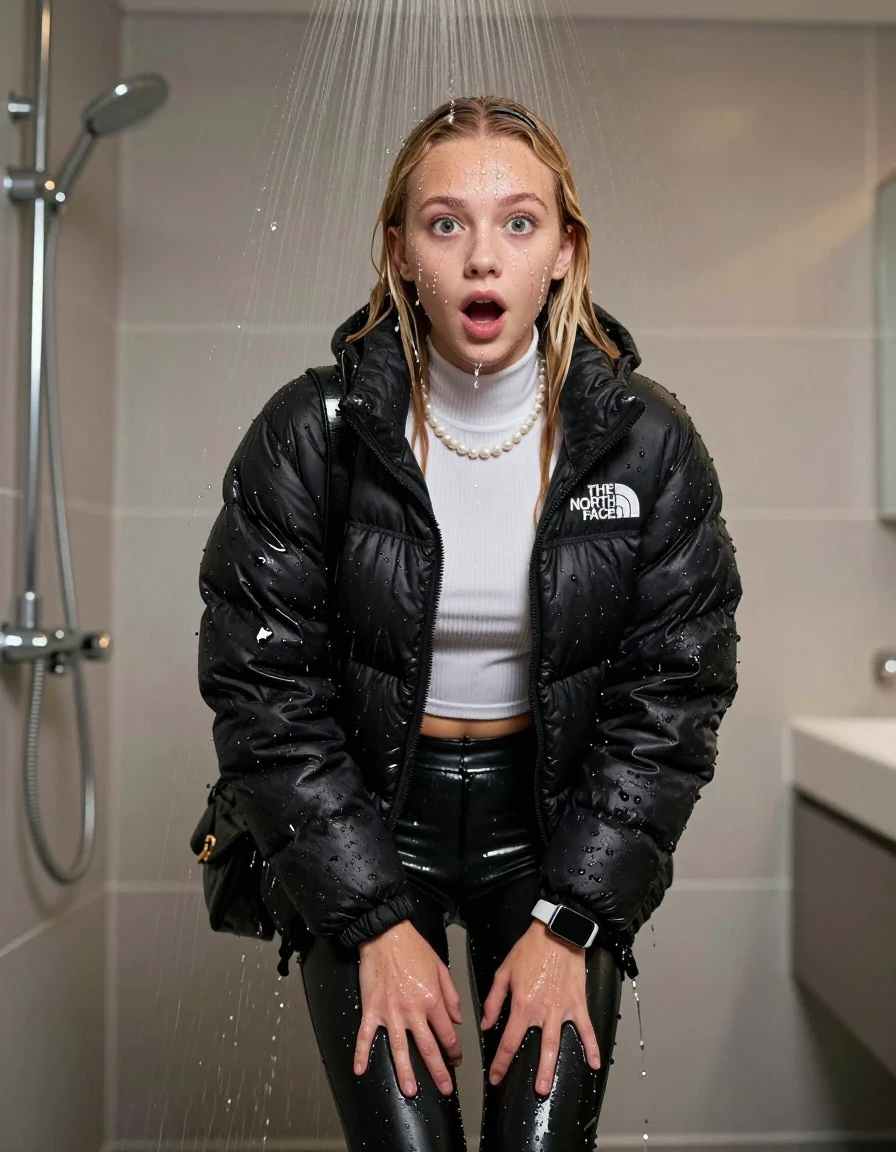 photo of young woman, in soaking wet, drenched clothes,
, glistening soaked tight black leatherleggings , Glistening soaked black Puffer down jacket from north face, white tight knit turtleneck sweater belly free, shoulderbag, pearl necklace, smartwatch , 15-year-old teenage Girl directly under a heavy, powerful stream of water directely under shower in a modern  bathroom, 
enjoying, wet clothes stuck to body,
detailed textures of the wet clothes, wet face, wet plastered hair,
wet, drenched, professional, high-quality details, full body view.
sharp focus, ultra-high pixel detail, realistic, high-quality, full colors, incredibly detailed, 4k, 8k, 16k, hyper-realistic, RAW photo, masterpiece, ultra-detailed, professionally color graded, professional photograph, Behind view: 15-year-old teenage girl. looking at camera.
wet plastered hair. Blonde sleek long straight hair with a hairband with water cascading down her face and neck. Shocked  and astonished. open mouth, big eyes. Looking at camera. Hold her Hand on her knees, pressed the knees together.

The Girls wear different clothes.

The lighting is bright and cinematic, highlighting the glistening water droplets on her skin and the saturated texture of her clothes.

her clothes are heavy from the water, water runs from her body and her clothes in streams. A lot of water also runs out of her clothes. Her clothes are darkened by the water. Her submerged clothes are clinging wet. 
soft atmospheric lighting reflecting off the surface, cinematic medium shot, hyper-realistic wetness, high-contrast water sheen, 8k resolution, sharp focus, detailed skin texture., wet skin, wet clothes, damp fabric,, wet skin, wet clothes, damp fabric, wet skin, wet clothes, damp fabric, wet skin, wet clothes, damp fabric, wet skin, wet clothes, damp fabric, wet skin, wet clothes, damp fabric, wet skin, wet clothes, damp fabric, wet skin, wet clothes, damp fabric, wet skin, wet clothes, damp fabric, wet skin, wet clothes, damp fabric, wet skin, wet clothes, damp fabric, wet skin, wet clothes, damp fabric