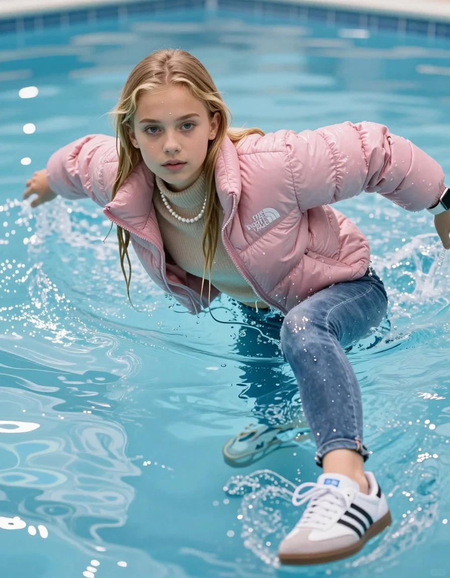 photo of young woman, in soaking wet, drenched clothes,
White sneakers Adidas Samba blackstriped, Glistening soaked tight skinny jeans, Glistening soaked pink Puffer down jacket from north face, beige tight knit turtleneck sweater belly free, shoulderbag, pearl necklace, smartwatch , Pool, 
enjoying, wet clothes stuck to body,
detailed textures of the wet clothes, wet face, wet plastered hair,
wet, drenched, professional, high-quality details, full body view.
sharp focus, ultra-high pixel detail, realistic, high-quality, full colors, incredibly detailed, 4k, 8k, 16k, hyper-realistic, RAW photo, masterpiece, ultra-detailed, professionally color graded, professional photograph, A realistic vertical fashion photograph of an  15-year-old teenage Girl  with blonde sleek long straight hair emerge in a clear blue swimming pool. The girl is positioned in the center of the frame, her head and shoulders visible above the shimmering water surface, while her body and legs are submerged below. She is captured in a dynamic swimming motion with her arms reaching forward. Natural sunlight creates sparkling reflections on the water's surface. High-quality fashion photography, sharp focus on her face, she Looks at camera, serene expression, cinematic lighting. Show her face clearly toward the camera at a mild three-quarter angle, large enough for a natural portrait face reference., wet skin, wet clothes, damp fabric