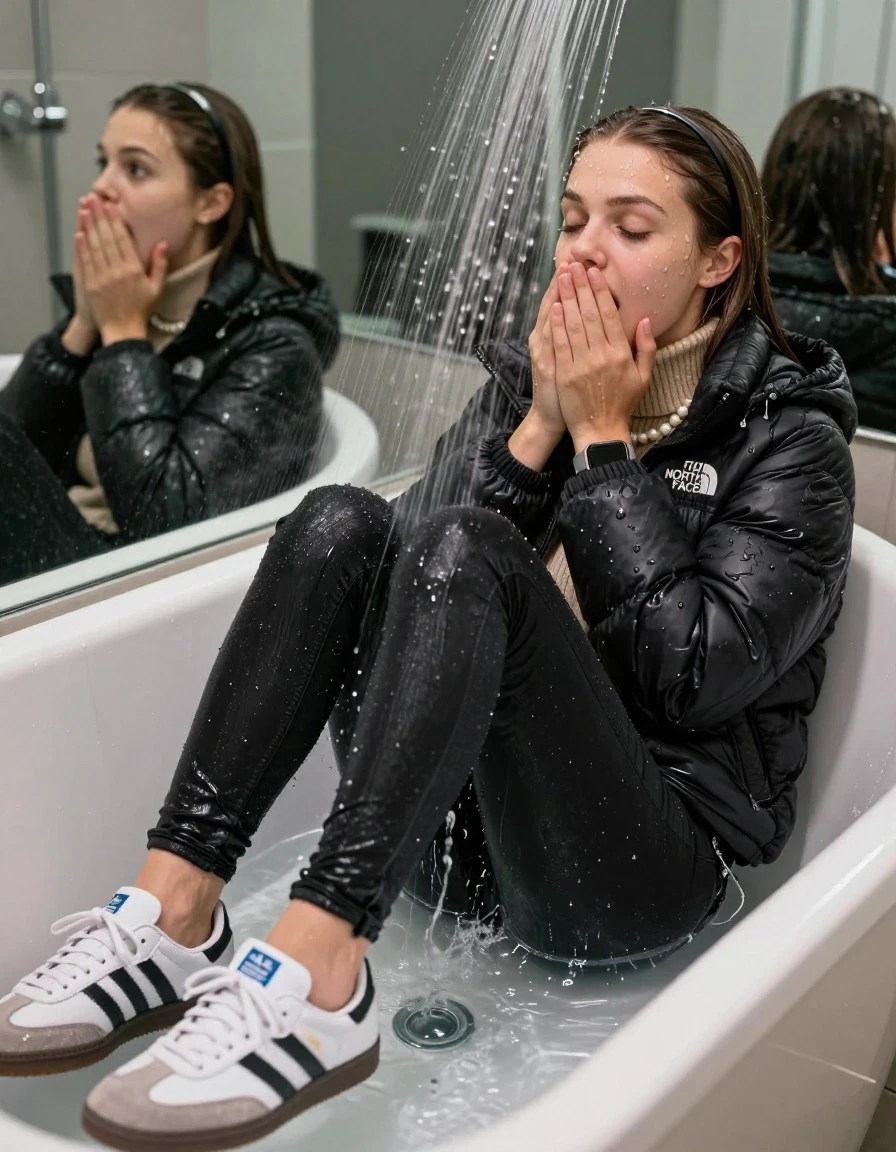 photo of young woman, in soaking wet, drenched clothes,
Totally Soaked White sneakers from Adidas Samba black striped , glistening soaked tight black skinny jeans , Glistening soaked black Puffer down jacket from north face, beige tight knit turtleneck sweater belly free, shoulderbag, pearl necklace, smartwatch , 15-year-old teenage Girl relaxing directly under a heavy powerful stream of water in a bathtube of a modern mirrored  bathroom, a shocked friend watching her, 
enjoying, wet clothes stuck to body,
detailed textures of the wet clothes, wet face, wet plastered hair,
wet, drenched, professional, high-quality details, full body view.
sharp focus, ultra-high pixel detail, realistic, high-quality, full colors, incredibly detailed, 4k, 8k, 16k, hyper-realistic, RAW photo, masterpiece, ultra-detailed, professionally color graded, professional photograph, Behind view: 15-year-old teenage girl. looking  up.
wet plastered hair.  sleek long straight hair with a hairband with water cascading down her face and neck. Shocked  and astonished. closed eyes. Looking at camera. Hold her Hands on her mouth

The Girls wear different clothes.

The lighting is bright and cinematic, highlighting the glistening water droplets on her skin and the saturated texture of her clothes.

her clothes are heavy from the water, water runs from her body and her clothes in streams. A lot of water also runs out of her clothes. Her clothes are darkened by the water. Her submerged clothes are clinging wet. 
soft atmospheric lighting reflecting off the surface, cinematic medium shot, hyper-realistic wetness, high-contrast water sheen, 8k resolution, sharp focus, detailed skin texture., wet skin, wet clothes, damp fabric,, wet skin, wet clothes, damp fabric, wet skin, wet clothes, damp fabric, wet skin, wet clothes, damp fabric, wet skin, wet clothes, damp fabric, wet skin, wet clothes, damp fabric, wet skin, wet clothes, damp fabric, wet skin, wet clothes, damp fabric, wet skin, wet clothes, damp fabric, wet skin, wet clothes, damp fabric, wet skin, wet clothes, damp fabric, wet skin, wet clothes, damp fabric