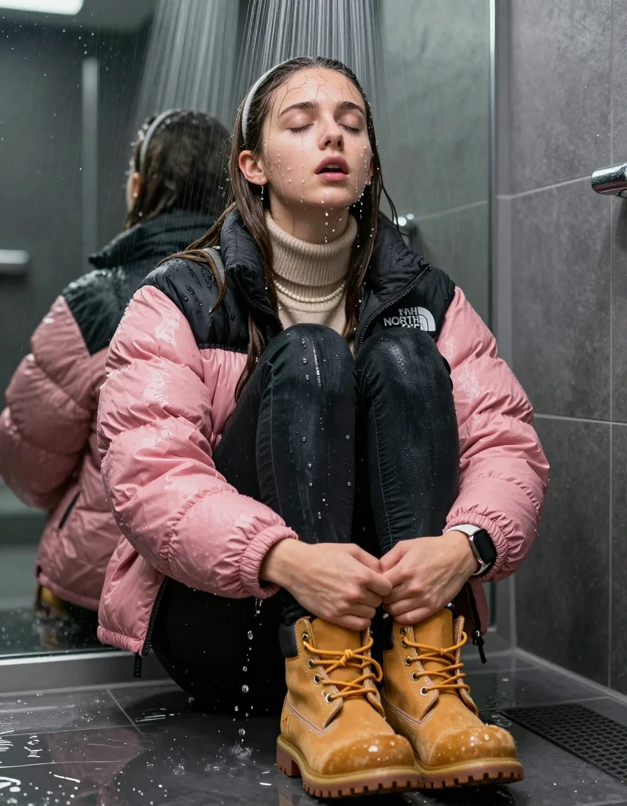 photo of young woman, in soaking wet, drenched clothes,
Totally soaked corn yellow timberland Boots, glistening soaked tight black skinny jeans , Glistening soaked pink Puffer down jacket from north face, beige tight knit turtleneck sweater belly free, shoulderbag, pearl necklace, smartwatch , 15-year-old teenage Girl sitting directly under a heavy powerful stream of water directely under shower in a modern mirrored  bathroom, 
enjoying, wet clothes stuck to body,
detailed textures of the wet clothes, wet face, wet plastered hair,
wet, drenched, professional, high-quality details, full body view.
sharp focus, ultra-high pixel detail, realistic, high-quality, full colors, incredibly detailed, 4k, 8k, 16k, hyper-realistic, RAW photo, masterpiece, ultra-detailed, professionally color graded, professional photograph, Behind view: 15-year-old teenage girl. looking up.
wet plastered hair.  sleek long straight hair with a hairband with water cascading down her face and neck. Shy and Astonished. Closed mouth, closed eyes. Looking at camera. Hold her Hands on her knees, pressed the knees together.

The Girls wear different clothes.

The lighting is bright and cinematic, highlighting the glistening water droplets on her skin and the saturated texture of her clothes.

her clothes are heavy from the water, water runs from her body and her clothes in streams. A lot of water also runs out of her clothes. Her clothes are darkened by the water. Her submerged clothes are clinging wet. 
soft atmospheric lighting reflecting off the surface, cinematic medium shot, hyper-realistic wetness, high-contrast water sheen, 8k resolution, sharp focus, detailed skin texture., wet skin, wet clothes, damp fabric,, wet skin, wet clothes, damp fabric, wet skin, wet clothes, damp fabric, wet skin, wet clothes, damp fabric, wet skin, wet clothes, damp fabric, wet skin, wet clothes, damp fabric, wet skin, wet clothes, damp fabric, wet skin, wet clothes, damp fabric, wet skin, wet clothes, damp fabric, wet skin, wet clothes, damp fabric, wet skin, wet clothes, damp fabric, wet skin, wet clothes, damp fabric, wet skin, wet clothes, damp fabric