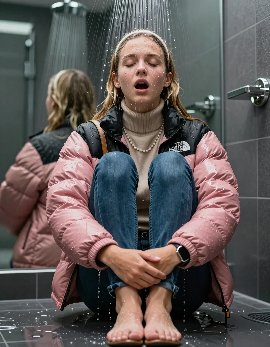 photo of young woman, in soaking wet, drenched clothes,
Pumps, glistening soaked tight skinny jeans , Glistening soaked pink Puffer down jacket from north face, beige tight knit turtleneck sweater belly free, shoulderbag, pearl necklace, smartwatch , 15-year-old teenage Girl sitting directly under a heavy powerful stream of water directely under shower in a modern mirrored  bathroom, 
enjoying, wet clothes stuck to body,
detailed textures of the wet clothes, wet face, wet plastered hair,
wet, drenched, professional, high-quality details, full body view.
sharp focus, ultra-high pixel detail, realistic, high-quality, full colors, incredibly detailed, 4k, 8k, 16k, hyper-realistic, RAW photo, masterpiece, ultra-detailed, professionally color graded, professional photograph, Behind view: 15-year-old teenage girl. looking up.
wet plastered hair. Blonde sleek long straight hair with a hairband with water cascading down her face and neck. Shocked  and astonished. Closed mouth, closed eyes. Looking at camera. Hold her Hands on her knees, pressed the knees together.

The Girls wear different clothes.

The lighting is bright and cinematic, highlighting the glistening water droplets on her skin and the saturated texture of her clothes.

her clothes are heavy from the water, water runs from her body and her clothes in streams. A lot of water also runs out of her clothes. Her clothes are darkened by the water. Her submerged clothes are clinging wet. 
soft atmospheric lighting reflecting off the surface, cinematic medium shot, hyper-realistic wetness, high-contrast water sheen, 8k resolution, sharp focus, detailed skin texture., wet skin, wet clothes, damp fabric,, wet skin, wet clothes, damp fabric, wet skin, wet clothes, damp fabric, wet skin, wet clothes, damp fabric, wet skin, wet clothes, damp fabric, wet skin, wet clothes, damp fabric, wet skin, wet clothes, damp fabric, wet skin, wet clothes, damp fabric, wet skin, wet clothes, damp fabric, wet skin, wet clothes, damp fabric, wet skin, wet clothes, damp fabric, wet skin, wet clothes, damp fabric