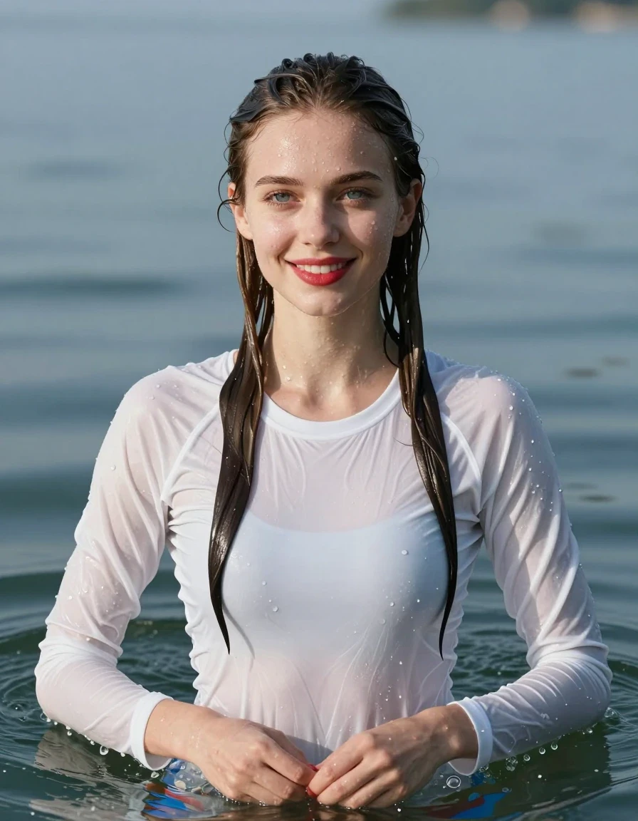 photo of young woman, in soaking wet, drenched clothes,
White longsleeves, Swimming in lake, 
enjoying, wet clothes stuck to body,
detailed textures of the wet clothes, wet face, wet plastered hair,
wet, drenched, professional, high-quality details, full body view.
sharp focus, ultra-high pixel detail, realistic, high-quality, full colors, incredibly detailed, 4k, 8k, 16k, hyper-realistic, RAW photo, masterpiece, ultra-detailed, professionally color graded, professional photograph, Young girl swimming submerged up of shoulders in lake smiling, blue eyes, long hair, red lipstick, wet skin, wet clothes, damp fabric