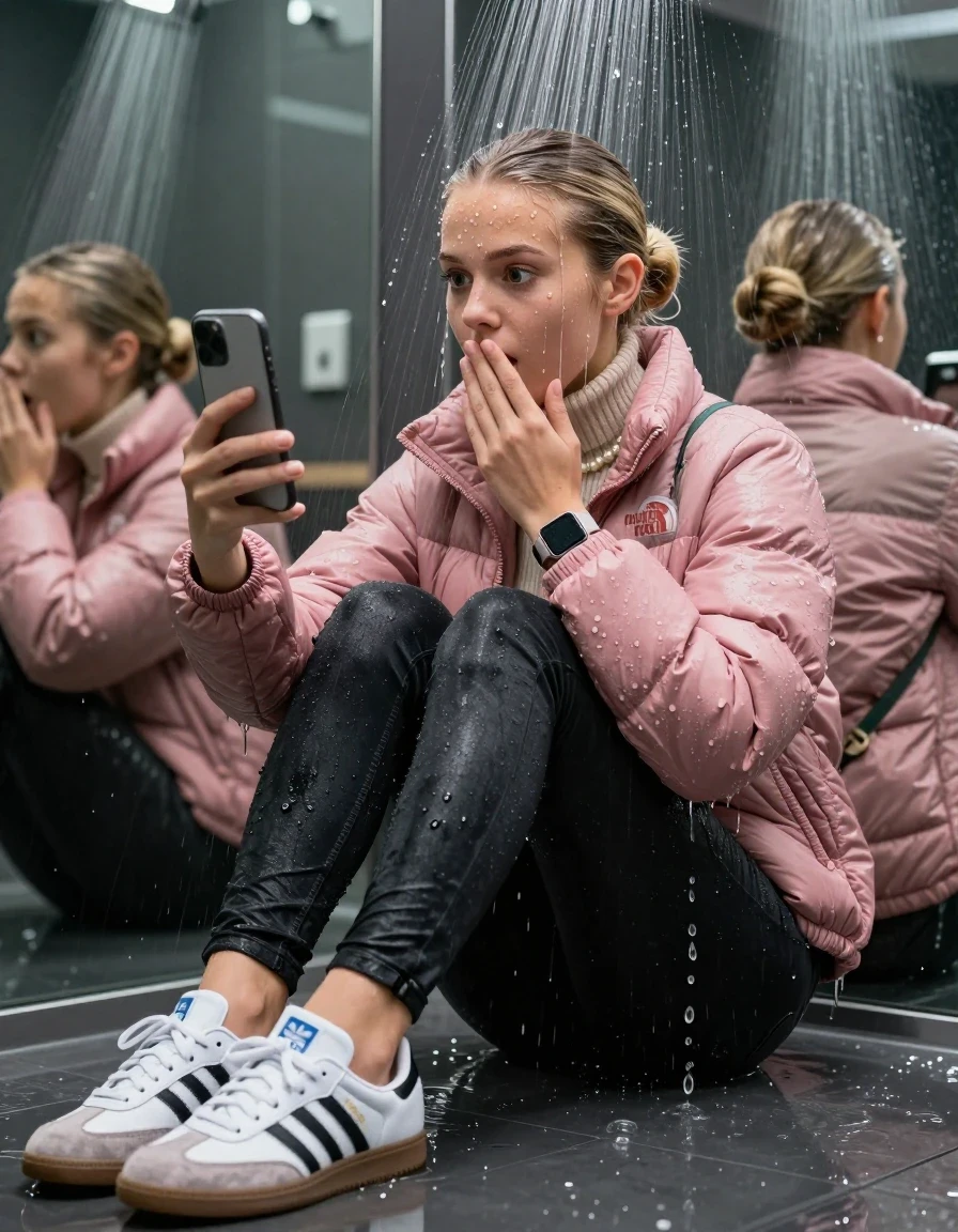 photo of young woman, in soaking wet, drenched clothes,
White sneakers from Adidas Samba black striped , glistening soaked tight black skinny jeans , Glistening soaked pink Puffer down jacket from north face, beige tight knit turtleneck sweater belly free, shoulderbag, pearl necklace, smartwatch , 15-year-old teenage Girl sitting directly under a heavy powerful stream of water directely under shower in a modern mirrored  bathroom, 
enjoying, wet clothes stuck to body,
detailed textures of the wet clothes, wet face, wet plastered hair,
wet, drenched, professional, high-quality details, full body view.
sharp focus, ultra-high pixel detail, realistic, high-quality, full colors, incredibly detailed, 4k, 8k, 16k, hyper-realistic, RAW photo, masterpiece, ultra-detailed, professionally color graded, professional photograph, Behind view: 15-year-old teenage girl. looking up.
wet plastered hair. Blonde sleek bun with water cascading down her face and neck. Surprised and astonished. Looking at camera. Hold one hand on mouth. pressed the knees together. Take a Selfie.

The Girls wear different clothes.

The lighting is bright and cinematic, highlighting the glistening water droplets on her skin and the saturated texture of her clothes.

her clothes are heavy from the water, water runs from her body and her clothes in streams. A lot of water also runs out of her clothes. Her clothes are darkened by the water. Her submerged clothes are clinging wet. 
soft atmospheric lighting reflecting off the surface, cinematic medium shot, hyper-realistic wetness, high-contrast water sheen, 8k resolution, sharp focus, detailed skin texture., wet skin, wet clothes, damp fabric,, wet skin, wet clothes, damp fabric, wet skin, wet clothes, damp fabric, wet skin, wet clothes, damp fabric, wet skin, wet clothes, damp fabric, wet skin, wet clothes, damp fabric, wet skin, wet clothes, damp fabric, wet skin, wet clothes, damp fabric, wet skin, wet clothes, damp fabric, wet skin, wet clothes, damp fabric, wet skin, wet clothes, damp fabric, wet skin, wet clothes, damp fabric, wet skin, wet clothes, damp fabric, wet skin, wet clothes, damp fabric