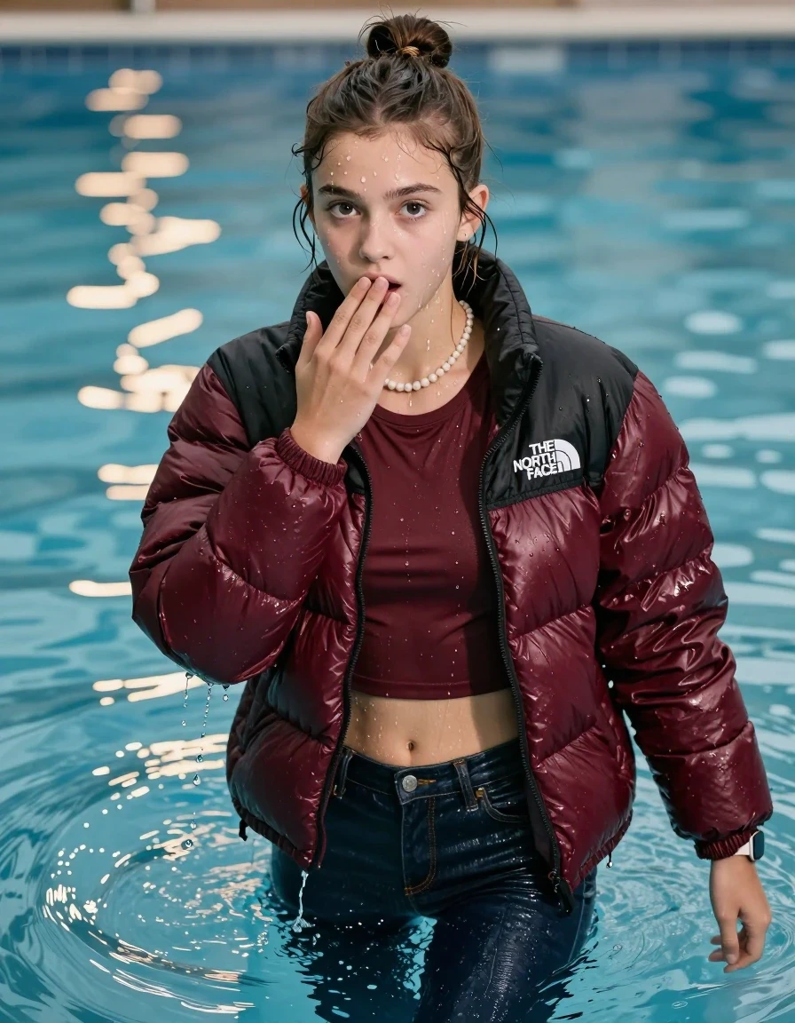 photo of young woman, in soaking wet, drenched clothes,
, Glistening soaked tight skinny jeans, Glistening soaked wine-red Puffer down jacket from north face, tight sexy tshirt with wide neckline belly free, shoulderbag, pearl necklace, smartwatch , Pool, 
enjoying, wet clothes stuck to body,
detailed textures of the wet clothes, wet face, wet plastered hair,
wet, drenched, professional, high-quality details, full body view.
sharp focus, ultra-high pixel detail, realistic, high-quality, full colors, incredibly detailed, 4k, 8k, 16k, hyper-realistic, RAW photo, masterpiece, ultra-detailed, professionally color graded, professional photograph, A realistic vertical fashion photograph of an  15-year-old teenage Girl emerge after a dip   in a clear blue swimming pool. 
wet plastered hair. Brunette half up with a topknot with water cascading down her face and neck. Shy and astonished. Looking at camera. Hold a hand on mouth. Open mouth, big eyes. The girl is positioned in the center of the frame, her head and shoulders visible above the shimmering water surface, while her body and legs are submerged below. Natural sunlight creates sparkling reflections on the water's surface. High-quality fashion photography, sharp focus on her face, cinematic lighting.
The lighting is bright and cinematic, highlighting the glistening water droplets on her skin and the saturated texture of her clothes.

her clothes are heavy from the water, water runs from her body and her clothes in streams. A lot of water also runs out of her clothes. Her clothes are darkened by the water. Her submerged clothes are clinging wet. 
soft atmospheric lighting reflecting off the surface, cinematic medium shot, hyper-realistic wetness, high-contrast water sheen, 8k resolution, sharp focus, wet skin, wet clothes, damp fabric
