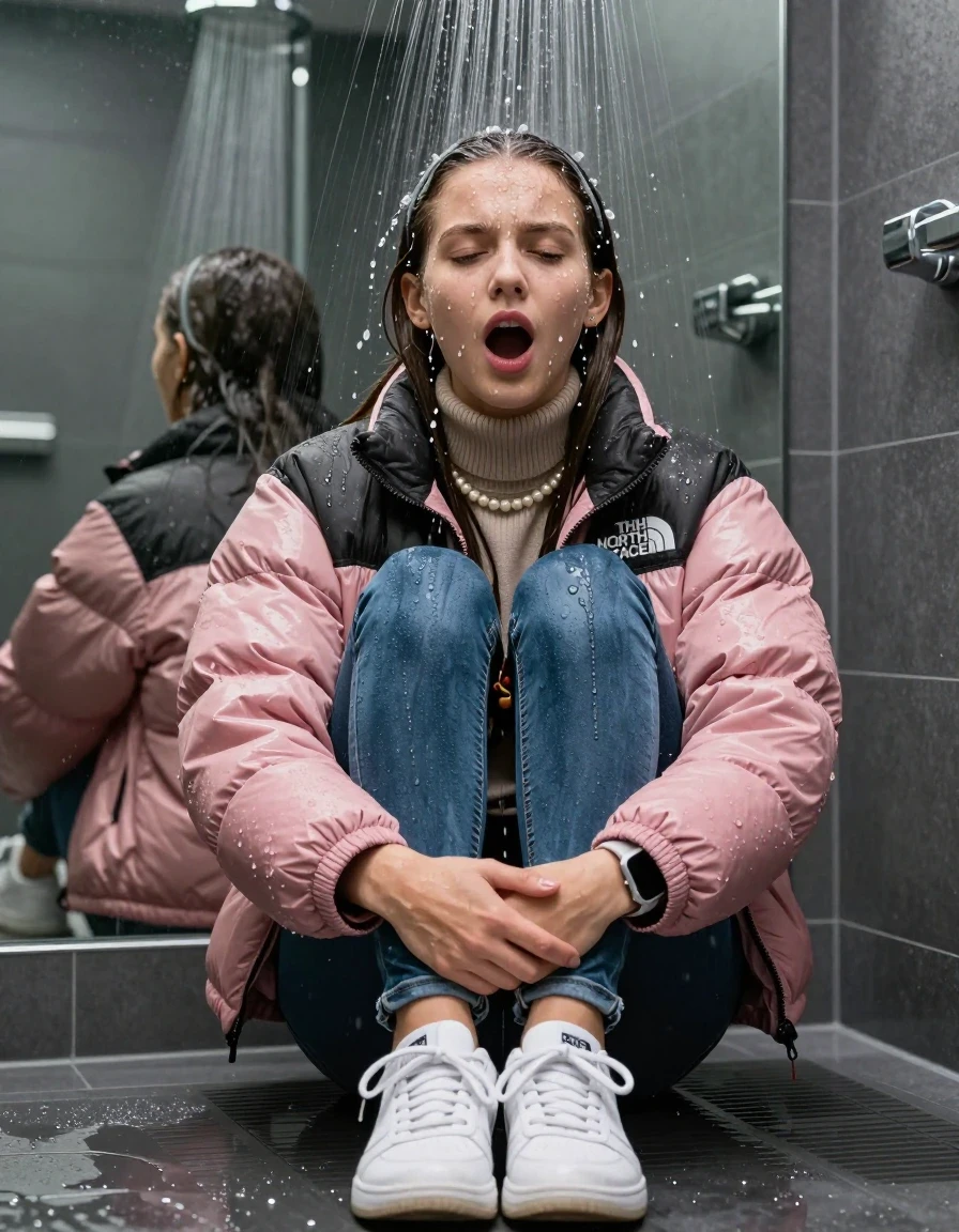 photo of young woman, in soaking wet, drenched clothes,
White sneakers , glistening soaked tight skinny jeans , Glistening soaked pink Puffer down jacket from north face, beige tight knit turtleneck sweater belly free, shoulderbag, pearl necklace, smartwatch , 15-year-old teenage Girl sitting directly under a heavy powerful stream of water directely under shower in a modern mirrored  bathroom, 
enjoying, wet clothes stuck to body,
detailed textures of the wet clothes, wet face, wet plastered hair,
wet, drenched, professional, high-quality details, full body view.
sharp focus, ultra-high pixel detail, realistic, high-quality, full colors, incredibly detailed, 4k, 8k, 16k, hyper-realistic, RAW photo, masterpiece, ultra-detailed, professionally color graded, professional photograph, Behind view: 15-year-old teenage girl. looking up.
wet plastered hair.  sleek long straight hair with a hairband with water cascading down her face and neck. Shocked  and astonished. Closed mouth, closed eyes. Looking at camera. Hold her Hands on her knees, pressed the knees together.

The Girls wear different clothes.

The lighting is bright and cinematic, highlighting the glistening water droplets on her skin and the saturated texture of her clothes.

her clothes are heavy from the water, water runs from her body and her clothes in streams. A lot of water also runs out of her clothes. Her clothes are darkened by the water. Her submerged clothes are clinging wet. 
soft atmospheric lighting reflecting off the surface, cinematic medium shot, hyper-realistic wetness, high-contrast water sheen, 8k resolution, sharp focus, detailed skin texture., wet skin, wet clothes, damp fabric,, wet skin, wet clothes, damp fabric, wet skin, wet clothes, damp fabric, wet skin, wet clothes, damp fabric, wet skin, wet clothes, damp fabric, wet skin, wet clothes, damp fabric, wet skin, wet clothes, damp fabric, wet skin, wet clothes, damp fabric, wet skin, wet clothes, damp fabric, wet skin, wet clothes, damp fabric, wet skin, wet clothes, damp fabric, wet skin, wet clothes, damp fabric