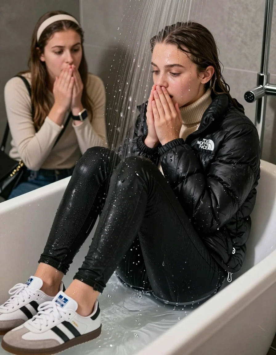 photo of young woman, in soaking wet, drenched clothes,
Totally Soaked White sneakers from Adidas Samba black striped , glistening soaked tight black skinny jeans , Glistening soaked black Puffer down jacket from north face, beige tight knit turtleneck sweater belly free, shoulderbag, pearl necklace, smartwatch , 15-year-old teenage Girl relaxing directly under a heavy powerful stream of water in a bathtube of a modern bathroom, a shocked friend sits beside the tube and watching her, 
enjoying, wet clothes stuck to body,
detailed textures of the wet clothes, wet face, wet plastered hair,
wet, drenched, professional, high-quality details, full body view.
sharp focus, ultra-high pixel detail, realistic, high-quality, full colors, incredibly detailed, 4k, 8k, 16k, hyper-realistic, RAW photo, masterpiece, ultra-detailed, professionally color graded, professional photograph, Behind view: 15-year-old teenage girl. looking  down.
wet plastered hair.  sleek long straight hair with a hairband with water cascading down her face and neck. Shocked  and astonished. closed eyes. Looking at camera. Hold her Hands on her mouth

The Girls wear different clothes.

The lighting is bright and cinematic, highlighting the glistening water droplets on her skin and the saturated texture of her clothes.

her clothes are heavy from the water, water runs from her body and her clothes in streams. A lot of water also runs out of her clothes. Her clothes are darkened by the water. Her submerged clothes are clinging wet. 
soft atmospheric lighting reflecting off the surface, cinematic medium shot, hyper-realistic wetness, high-contrast water sheen, 8k resolution, sharp focus, detailed skin texture., wet skin, wet clothes, damp fabric,, wet skin, wet clothes, damp fabric, wet skin, wet clothes, damp fabric, wet skin, wet clothes, damp fabric, wet skin, wet clothes, damp fabric, wet skin, wet clothes, damp fabric, wet skin, wet clothes, damp fabric, wet skin, wet clothes, damp fabric, wet skin, wet clothes, damp fabric, wet skin, wet clothes, damp fabric, wet skin, wet clothes, damp fabric, wet skin, wet clothes, damp fabric