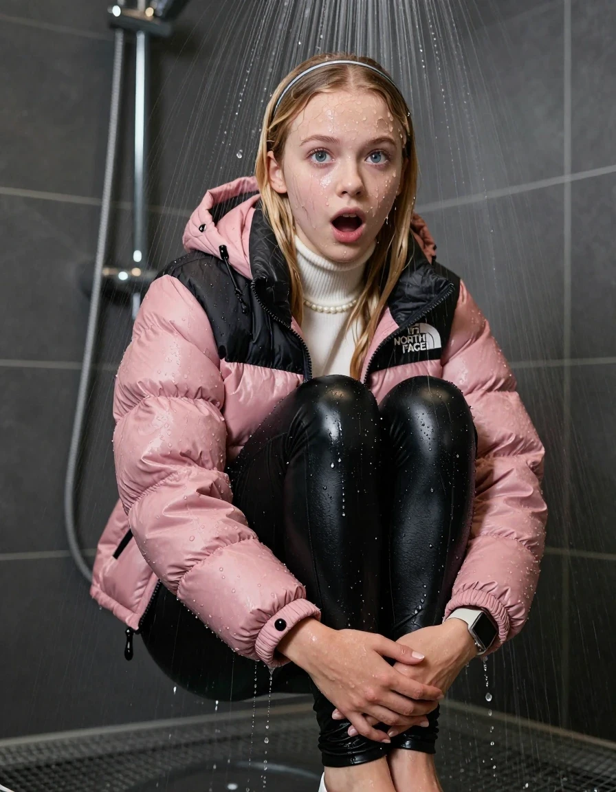photo of young woman, in soaking wet, drenched clothes,
, glistening soaked tight black leatherleggings , Glistening soaked pink Puffer down jacket from north face, white tight knit turtleneck sweater belly free, shoulderbag, pearl necklace, smartwatch , 15-year-old teenage Girl directly under a heavy, powerful stream of water directely under shower in a modern  bathroom, 
enjoying, wet clothes stuck to body,
detailed textures of the wet clothes, wet face, wet plastered hair,
wet, drenched, professional, high-quality details, full body view.
sharp focus, ultra-high pixel detail, realistic, high-quality, full colors, incredibly detailed, 4k, 8k, 16k, hyper-realistic, RAW photo, masterpiece, ultra-detailed, professionally color graded, professional photograph, Behind view: 15-year-old teenage girl. looking at camera.
wet plastered hair. Blonde sleek long straight hair with a hairband with water cascading down her face and neck. Shocked  and astonished. open mouth, big eyes. Looking at camera. Hold her Hand on her knees, pressed the knees together.

The Girls wear different clothes.

The lighting is bright and cinematic, highlighting the glistening water droplets on her skin and the saturated texture of her clothes.

her clothes are heavy from the water, water runs from her body and her clothes in streams. A lot of water also runs out of her clothes. Her clothes are darkened by the water. Her submerged clothes are clinging wet. 
soft atmospheric lighting reflecting off the surface, cinematic medium shot, hyper-realistic wetness, high-contrast water sheen, 8k resolution, sharp focus, detailed skin texture., wet skin, wet clothes, damp fabric,, wet skin, wet clothes, damp fabric, wet skin, wet clothes, damp fabric, wet skin, wet clothes, damp fabric, wet skin, wet clothes, damp fabric, wet skin, wet clothes, damp fabric, wet skin, wet clothes, damp fabric, wet skin, wet clothes, damp fabric, wet skin, wet clothes, damp fabric, wet skin, wet clothes, damp fabric, wet skin, wet clothes, damp fabric, wet skin, wet clothes, damp fabric