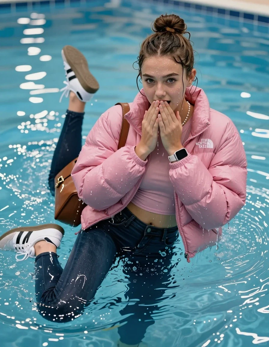 photo of young woman, in soaking wet, drenched clothes,
White sneakers Adidas Samba black striped, Glistening soaked tight skinny jeans, Glistening soaked pink Puffer down jacket from north face, tight sexy tshirt with wide neckline belly free, shoulderbag, pearl necklace, smartwatch , Pool, 
enjoying, wet clothes stuck to body,
detailed textures of the wet clothes, wet face, wet plastered hair,
wet, drenched, professional, high-quality details, full body view.
sharp focus, ultra-high pixel detail, realistic, high-quality, full colors, incredibly detailed, 4k, 8k, 16k, hyper-realistic, RAW photo, masterpiece, ultra-detailed, professionally color graded, professional photograph, A realistic vertical fashion photograph of an  15-year-old teenage Girl lying after a dip submerged in a clear blue swimming pool. 
Complete wet plastered hair. Brunette  topknot with water cascading down her clothes. Shy and astonished. Slightly smile. Looking at camera. Hold her hands over her mouth. Open mouth, big eyes. She soak her shoulderbag in the water. The girl is positioned in the center of the frame, only  her head is visible above the shimmering water surface, while her body and legs are submerged below. Natural sunlight creates sparkling reflections on the water's surface. High-quality fashion photography, sharp focus on her face, cinematic lighting.
The lighting is bright and cinematic, highlighting the glistening water droplets on her skin and the saturated texture of her clothes.

her clothes are heavy from the water, water runs from her body and her clothes in streams. A lot of water also runs out of her clothes. Her clothes are darkened by the water. Her submerged clothes are clinging wet. 
soft atmospheric lighting reflecting off the surface, cinematic medium shot, hyper-realistic wetness, high-contrast water sheen, 8k resolution, sharp focus, wet skin, wet clothes, damp fabric, wet skin, wet clothes, damp fabric