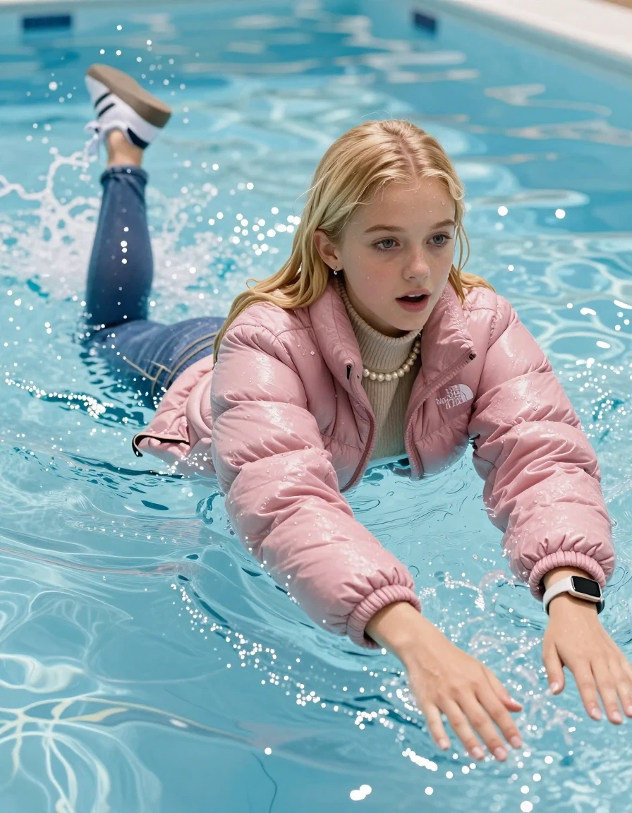photo of young woman, in soaking wet, drenched clothes,
White sneakers Adidas Samba blackstriped, Glistening soaked tight skinny jeans, Glistening soaked pink Puffer down jacket from north face, beige tight knit turtleneck sweater belly free, shoulderbag, pearl necklace, smartwatch , Pool, 
enjoying, wet clothes stuck to body,
detailed textures of the wet clothes, wet face, wet plastered hair,
wet, drenched, professional, high-quality details, full body view.
sharp focus, ultra-high pixel detail, realistic, high-quality, full colors, incredibly detailed, 4k, 8k, 16k, hyper-realistic, RAW photo, masterpiece, ultra-detailed, professionally color graded, professional photograph, A realistic vertical fashion photograph of an  15-year-old teenage Girl  with blonde sleek long straight hair emerge in a clear blue swimming pool. The girl is positioned in the center of the frame, her head and shoulders visible above the shimmering water surface, while her body and legs are submerged below. She is captured in a dynamic swimming motion with her arms reaching forward. Natural sunlight creates sparkling reflections on the water's surface. High-quality fashion photography, sharp focus on her face, she Looks at camera, astonished expression, cinematic lighting. Show her face clearly toward the camera at a mild three-quarter angle, large enough for a natural portrait face reference., wet skin, wet clothes, damp fabric