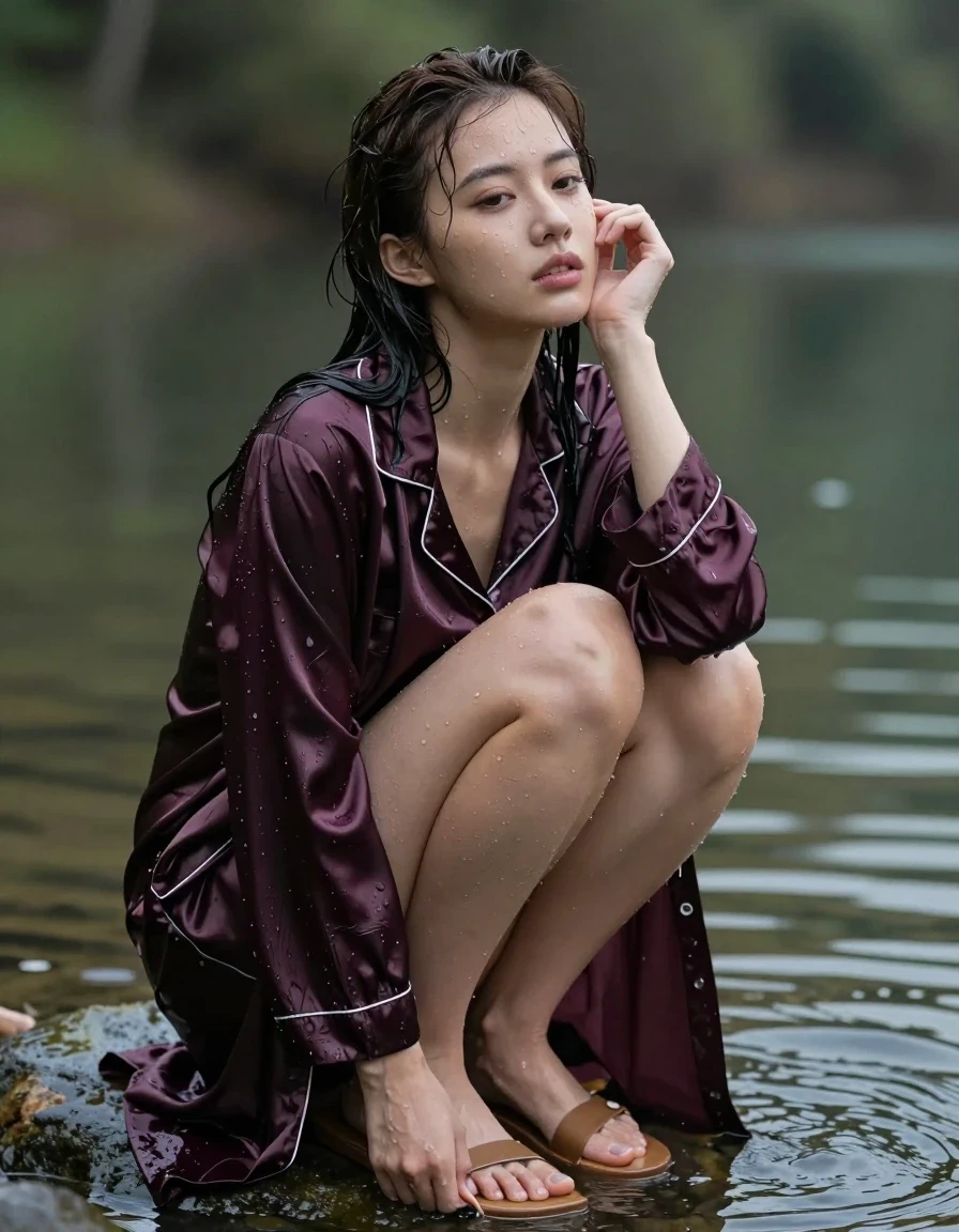photo of young woman, in soaking wet, drenched clothes,
Sandals, Satin pajama, Long satin coat, A outloor indoor, 
enjoying, wet clothes stuck to body,
detailed textures of the wet clothes, wet face, wet plastered hair,
wet, drenched, professional, high-quality details, full body view.
sharp focus, ultra-high pixel detail, realistic, high-quality, full colors, incredibly detailed, 4k, 8k, 16k, hyper-realistic, RAW photo, masterpiece, ultra-detailed, professionally color graded, professional photograph, Can you swimm in the lake in your pjs set please., wet skin, wet clothes, damp fabric, wet skin, wet clothes, damp fabric
