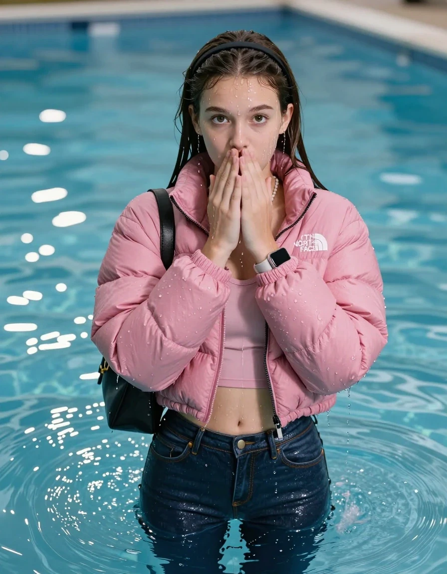 photo of young woman, in soaking wet, drenched clothes,
, Glistening soaked tight skinny jeans, Glistening soaked pink Puffer down jacket from north face, tight sexy tshirt with wide neckline belly free, shoulderbag, pearl necklace, smartwatch , Pool, 
enjoying, wet clothes stuck to body,
detailed textures of the wet clothes, wet face, wet plastered hair,
wet, drenched, professional, high-quality details, full body view.
sharp focus, ultra-high pixel detail, realistic, high-quality, full colors, incredibly detailed, 4k, 8k, 16k, hyper-realistic, RAW photo, masterpiece, ultra-detailed, professionally color graded, professional photograph, A realistic vertical fashion photograph of an  15-year-old teenage Girl submerged in a clear blue swimming pool. 
wet plastered hair. Brunette sleek long straight hair with a hairband with water cascading down her face and neck. Shy and astonished. Looking at camera. Hold her hands over mouth and nose. Open mouth, big eyes. The girl is positioned in the center of the frame, her head and shoulders visible above the shimmering water surface, while her body and legs are submerged below. Natural sunlight creates sparkling reflections on the water's surface. High-quality fashion photography, sharp focus on her face, cinematic lighting.
The lighting is bright and cinematic, highlighting the glistening water droplets on her skin and the saturated texture of her clothes.

her clothes are heavy from the water, water runs from her body and her clothes in streams. A lot of water also runs out of her clothes. Her clothes are darkened by the water. Her submerged clothes are clinging wet. 
soft atmospheric lighting reflecting off the surface, cinematic medium shot, hyper-realistic wetness, high-contrast water sheen, 8k resolution, sharp focus, wet skin, wet clothes, damp fabric