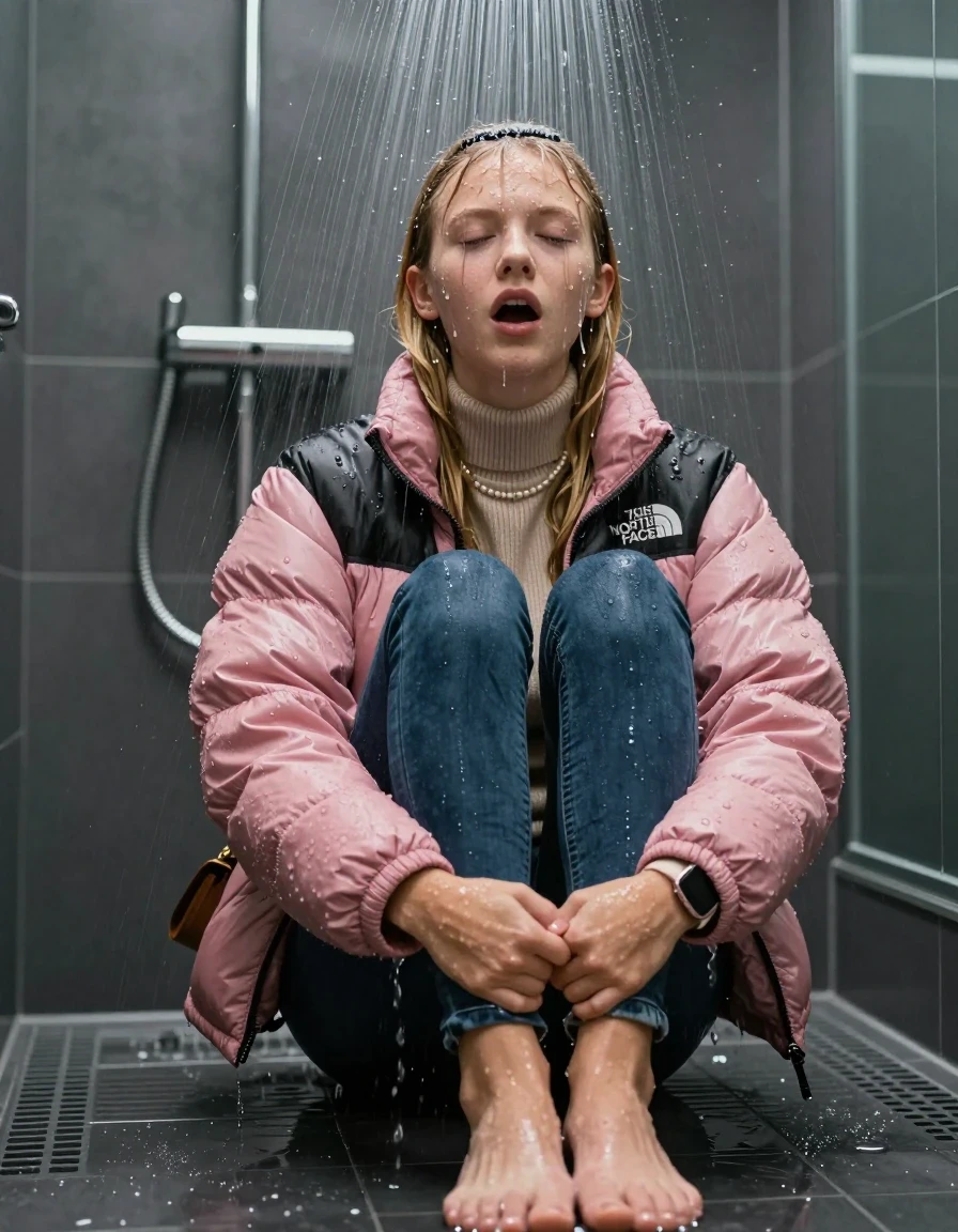 photo of young woman, in soaking wet, drenched clothes,
Heels, glistening soaked tight skinny jeans , Glistening soaked pink Puffer down jacket from north face, beige tight knit turtleneck sweater belly free, shoulderbag, pearl necklace, smartwatch , 15-year-old teenage Girl sitting directly under a heavy powerful stream of water directely under shower in a modern mirrored  bathroom, 
enjoying, wet clothes stuck to body,
detailed textures of the wet clothes, wet face, wet plastered hair,
wet, drenched, professional, high-quality details, full body view.
sharp focus, ultra-high pixel detail, realistic, high-quality, full colors, incredibly detailed, 4k, 8k, 16k, hyper-realistic, RAW photo, masterpiece, ultra-detailed, professionally color graded, professional photograph, Behind view: 15-year-old teenage girl. looking up.
wet plastered hair. Blonde sleek long straight hair with a hairband with water cascading down her face and neck. Shocked  and astonished. Closed mouth, closed eyes. Looking at camera. Hold her Hands on her knees, pressed the knees together.

The Girls wear different clothes.

The lighting is bright and cinematic, highlighting the glistening water droplets on her skin and the saturated texture of her clothes.

her clothes are heavy from the water, water runs from her body and her clothes in streams. A lot of water also runs out of her clothes. Her clothes are darkened by the water. Her submerged clothes are clinging wet. 
soft atmospheric lighting reflecting off the surface, cinematic medium shot, hyper-realistic wetness, high-contrast water sheen, 8k resolution, sharp focus, detailed skin texture., wet skin, wet clothes, damp fabric,, wet skin, wet clothes, damp fabric, wet skin, wet clothes, damp fabric, wet skin, wet clothes, damp fabric, wet skin, wet clothes, damp fabric, wet skin, wet clothes, damp fabric, wet skin, wet clothes, damp fabric, wet skin, wet clothes, damp fabric, wet skin, wet clothes, damp fabric, wet skin, wet clothes, damp fabric, wet skin, wet clothes, damp fabric, wet skin, wet clothes, damp fabric