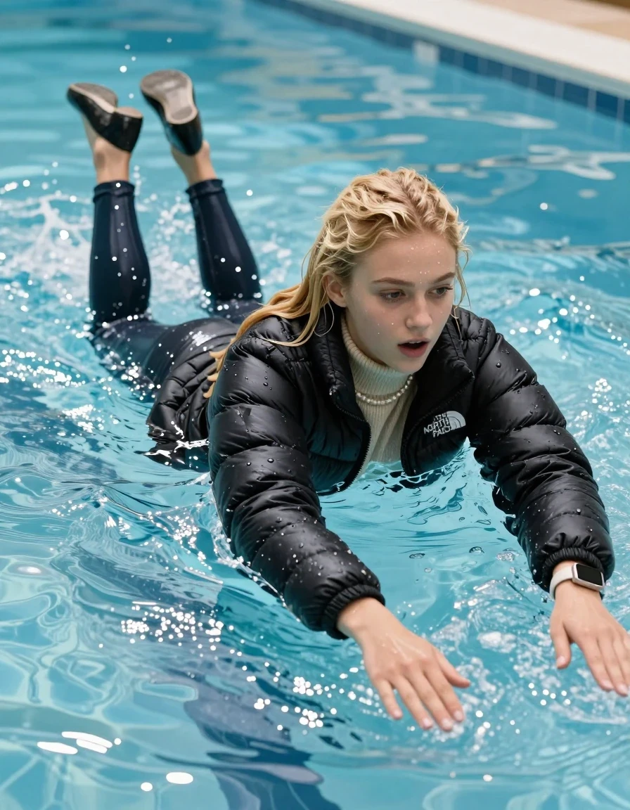photo of young woman, in soaking wet, drenched clothes,
Heels, Glistening soaked tight skinny jeans, Glistening soaked black Puffer down jacket from north face, beige tight knit turtleneck sweater belly free, shoulderbag, pearl necklace, smartwatch , Pool, 
enjoying, wet clothes stuck to body,
detailed textures of the wet clothes, wet face, wet plastered hair,
wet, drenched, professional, high-quality details, full body view.
sharp focus, ultra-high pixel detail, realistic, high-quality, full colors, incredibly detailed, 4k, 8k, 16k, hyper-realistic, RAW photo, masterpiece, ultra-detailed, professionally color graded, professional photograph, A realistic vertical fashion photograph of an  15-year-old teenage Girl  with blonde sleek long straight hair swimming submerged in a clear blue swimming pool. Legs are down in the water. The girl is positioned in the center of the frame, her head and shoulders visible above the shimmering water surface, while her body and legs are submerged below. She is captured in a dynamic swimming motion with her arms reaching forward. Natural sunlight creates sparkling reflections on the water's surface. High-quality fashion photography, sharp focus on her face, she Looks down, astonished expression, cinematic lighting. Show her face clearly toward the camera at a mild three-quarter angle, large enough for a natural portrait face reference., wet skin, wet clothes, damp fabric