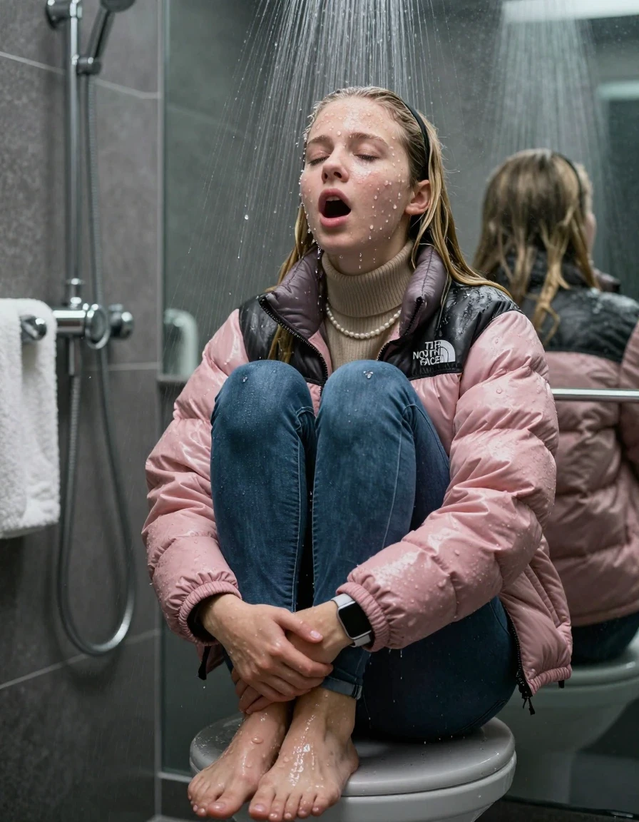photo of young woman, in soaking wet, drenched clothes,
Pumps, glistening soaked tight skinny jeans , Glistening soaked pink Puffer down jacket from north face, beige tight knit turtleneck sweater belly free, shoulderbag, pearl necklace, smartwatch , 15-year-old teenage Girl sitting on a chair directly under a heavy, powerful stream of water directely under shower in a modern mirrored  bathroom, 
enjoying, wet clothes stuck to body,
detailed textures of the wet clothes, wet face, wet plastered hair,
wet, drenched, professional, high-quality details, full body view.
sharp focus, ultra-high pixel detail, realistic, high-quality, full colors, incredibly detailed, 4k, 8k, 16k, hyper-realistic, RAW photo, masterpiece, ultra-detailed, professionally color graded, professional photograph, Behind view: 15-year-old teenage girl. looking up.
wet plastered hair. Blonde sleek long straight hair with a hairband with water cascading down her face and neck. Shocked  and astonished. Closed mouth, closed eyes. Looking at camera. Hold her Hands on her legs, pressed the knees together.

The Girls wear different clothes.

The lighting is bright and cinematic, highlighting the glistening water droplets on her skin and the saturated texture of her clothes.

her clothes are heavy from the water, water runs from her body and her clothes in streams. A lot of water also runs out of her clothes. Her clothes are darkened by the water. Her submerged clothes are clinging wet. 
soft atmospheric lighting reflecting off the surface, cinematic medium shot, hyper-realistic wetness, high-contrast water sheen, 8k resolution, sharp focus, detailed skin texture., wet skin, wet clothes, damp fabric,, wet skin, wet clothes, damp fabric, wet skin, wet clothes, damp fabric, wet skin, wet clothes, damp fabric, wet skin, wet clothes, damp fabric, wet skin, wet clothes, damp fabric, wet skin, wet clothes, damp fabric, wet skin, wet clothes, damp fabric, wet skin, wet clothes, damp fabric, wet skin, wet clothes, damp fabric, wet skin, wet clothes, damp fabric, wet skin, wet clothes, damp fabric