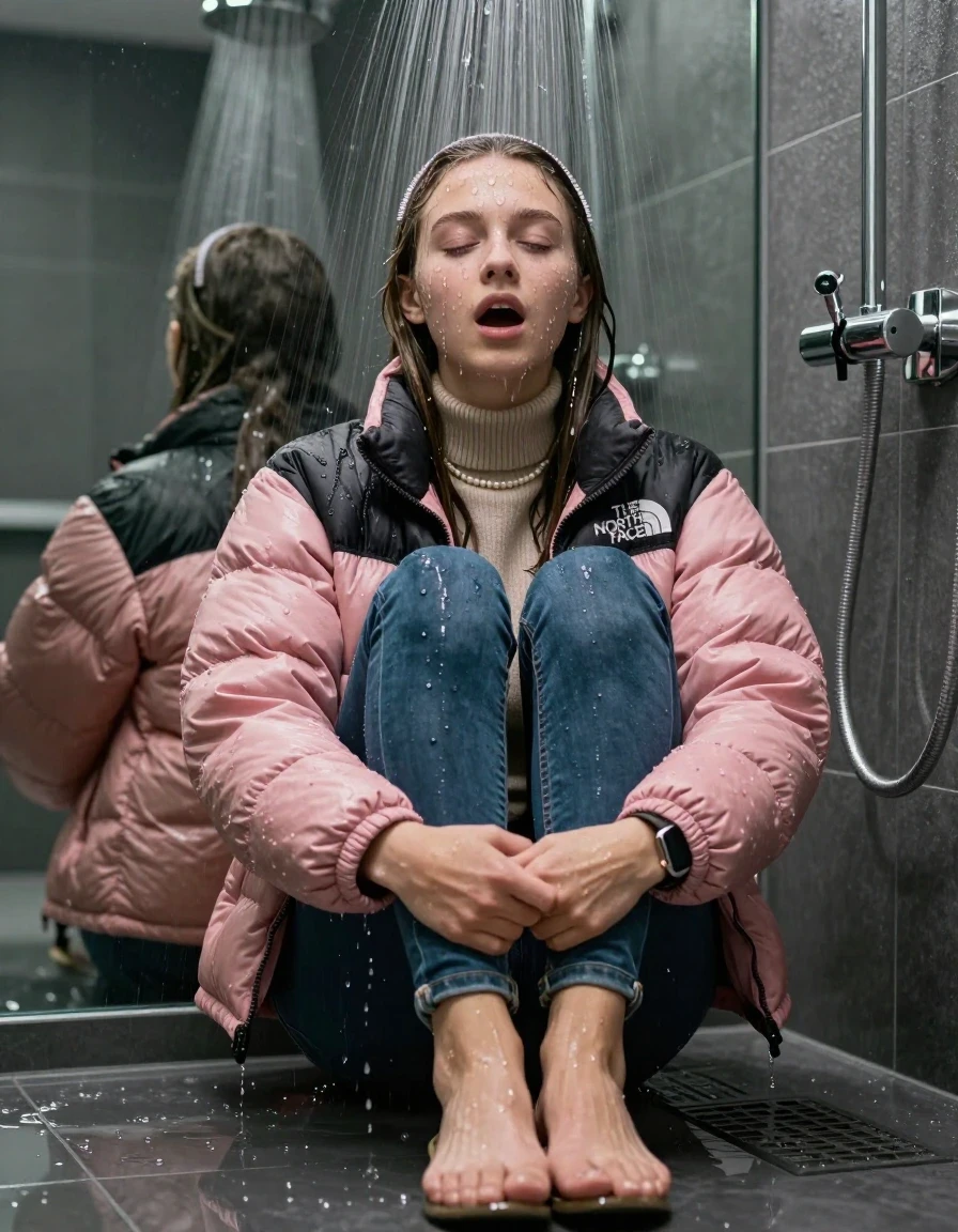 photo of young woman, in soaking wet, drenched clothes,
Heels, glistening soaked tight skinny jeans , Glistening soaked pink Puffer down jacket from north face, beige tight knit turtleneck sweater belly free, shoulderbag, pearl necklace, smartwatch , 15-year-old teenage Girl sitting directly under a heavy powerful stream of water directely under shower in a modern mirrored  bathroom, 
enjoying, wet clothes stuck to body,
detailed textures of the wet clothes, wet face, wet plastered hair,
wet, drenched, professional, high-quality details, full body view.
sharp focus, ultra-high pixel detail, realistic, high-quality, full colors, incredibly detailed, 4k, 8k, 16k, hyper-realistic, RAW photo, masterpiece, ultra-detailed, professionally color graded, professional photograph, Behind view: 15-year-old teenage girl. looking up.
wet plastered hair.  sleek long straight hair with a hairband with water cascading down her face and neck. Shocked  and astonished. Closed mouth, closed eyes. Looking at camera. Hold her Hands on her knees, pressed the knees together.

The Girls wear different clothes.

The lighting is bright and cinematic, highlighting the glistening water droplets on her skin and the saturated texture of her clothes.

her clothes are heavy from the water, water runs from her body and her clothes in streams. A lot of water also runs out of her clothes. Her clothes are darkened by the water. Her submerged clothes are clinging wet. 
soft atmospheric lighting reflecting off the surface, cinematic medium shot, hyper-realistic wetness, high-contrast water sheen, 8k resolution, sharp focus, detailed skin texture., wet skin, wet clothes, damp fabric,, wet skin, wet clothes, damp fabric, wet skin, wet clothes, damp fabric, wet skin, wet clothes, damp fabric, wet skin, wet clothes, damp fabric, wet skin, wet clothes, damp fabric, wet skin, wet clothes, damp fabric, wet skin, wet clothes, damp fabric, wet skin, wet clothes, damp fabric, wet skin, wet clothes, damp fabric, wet skin, wet clothes, damp fabric, wet skin, wet clothes, damp fabric