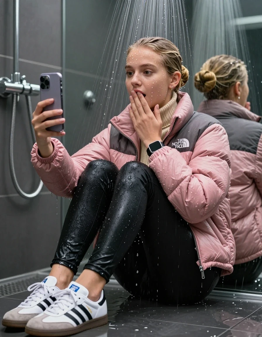 photo of young woman, in soaking wet, drenched clothes,
White sneakers from Adidas Samba black striped , glistening soaked tight black skinny jeans , Glistening soaked pink Puffer down jacket from north face, beige tight knit turtleneck sweater belly free, shoulderbag, pearl necklace, smartwatch , 15-year-old teenage Girl sitting directly under a heavy powerful stream of water directely under shower in a modern mirrored  bathroom, 
enjoying, wet clothes stuck to body,
detailed textures of the wet clothes, wet face, wet plastered hair,
wet, drenched, professional, high-quality details, full body view.
sharp focus, ultra-high pixel detail, realistic, high-quality, full colors, incredibly detailed, 4k, 8k, 16k, hyper-realistic, RAW photo, masterpiece, ultra-detailed, professionally color graded, professional photograph, Behind view: 15-year-old teenage girl. looking up.
wet plastered hair. Blonde sleek bun with water cascading down her face and neck. Surprised and astonished. Looking at camera. Hold one hand on mouth. pressed the knees together. Take a Selfie.

The Girls wear different clothes.

The lighting is bright and cinematic, highlighting the glistening water droplets on her skin and the saturated texture of her clothes.

her clothes are heavy from the water, water runs from her body and her clothes in streams. A lot of water also runs out of her clothes. Her clothes are darkened by the water. Her submerged clothes are clinging wet. 
soft atmospheric lighting reflecting off the surface, cinematic medium shot, hyper-realistic wetness, high-contrast water sheen, 8k resolution, sharp focus, detailed skin texture., wet skin, wet clothes, damp fabric,, wet skin, wet clothes, damp fabric, wet skin, wet clothes, damp fabric, wet skin, wet clothes, damp fabric, wet skin, wet clothes, damp fabric, wet skin, wet clothes, damp fabric, wet skin, wet clothes, damp fabric, wet skin, wet clothes, damp fabric, wet skin, wet clothes, damp fabric, wet skin, wet clothes, damp fabric, wet skin, wet clothes, damp fabric, wet skin, wet clothes, damp fabric, wet skin, wet clothes, damp fabric, wet skin, wet clothes, damp fabric