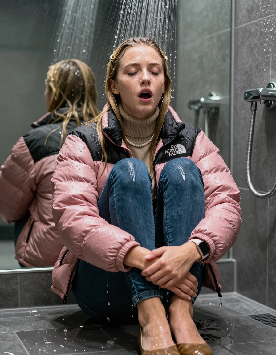 photo of young woman, in soaking wet, drenched clothes,
Heels, glistening soaked tight skinny jeans , Glistening soaked pink Puffer down jacket from north face, beige tight knit turtleneck sweater belly free, shoulderbag, pearl necklace, smartwatch , 15-year-old teenage Girl sitting directly under a heavy powerful stream of water directely under shower in a modern mirrored  bathroom, 
enjoying, wet clothes stuck to body,
detailed textures of the wet clothes, wet face, wet plastered hair,
wet, drenched, professional, high-quality details, full body view.
sharp focus, ultra-high pixel detail, realistic, high-quality, full colors, incredibly detailed, 4k, 8k, 16k, hyper-realistic, RAW photo, masterpiece, ultra-detailed, professionally color graded, professional photograph, Behind view: 15-year-old teenage girl. looking up.
wet plastered hair. Blonde sleek long straight hair with a hairband with water cascading down her face and neck. Shocked  and astonished. Closed mouth, closed eyes. Looking at camera. Hold her Hands on her knees, pressed the knees together.

The Girls wear different clothes.

The lighting is bright and cinematic, highlighting the glistening water droplets on her skin and the saturated texture of her clothes.

her clothes are heavy from the water, water runs from her body and her clothes in streams. A lot of water also runs out of her clothes. Her clothes are darkened by the water. Her submerged clothes are clinging wet. 
soft atmospheric lighting reflecting off the surface, cinematic medium shot, hyper-realistic wetness, high-contrast water sheen, 8k resolution, sharp focus, detailed skin texture., wet skin, wet clothes, damp fabric,, wet skin, wet clothes, damp fabric, wet skin, wet clothes, damp fabric, wet skin, wet clothes, damp fabric, wet skin, wet clothes, damp fabric, wet skin, wet clothes, damp fabric, wet skin, wet clothes, damp fabric, wet skin, wet clothes, damp fabric, wet skin, wet clothes, damp fabric, wet skin, wet clothes, damp fabric, wet skin, wet clothes, damp fabric, wet skin, wet clothes, damp fabric