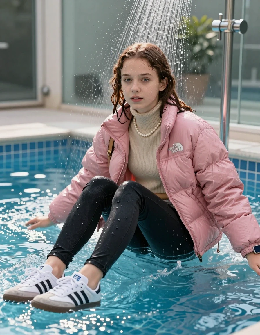 photo of young woman, in soaking wet, drenched clothes,
White sneakers from Adidas Samba black striped , glistening soaked tight black skinny jeans , Glistening soaked pink Puffer down jacket from north face, beige tight knit turtleneck sweater belly free, shoulderbag, pearl necklace, smartwatch , 15-year-old teenage Girl sitting directly under a heavy powerful stream of water directely under shower in a modern mirrored  bathroom, 
enjoying, wet clothes stuck to body,
detailed textures of the wet clothes, wet face, wet plastered hair,
wet, drenched, professional, high-quality details, full body view.
sharp focus, ultra-high pixel detail, realistic, high-quality, full colors, incredibly detailed, 4k, 8k, 16k, hyper-realistic, RAW photo, masterpiece, ultra-detailed, professionally color graded, professional photograph, A realistic vertical fashion photograph of an  15-year-old teenage Girl  with shoulder-length dark auburn hair swimming breaststroke in a clear blue swimming pool. The girl is positioned in the center of the frame, her head and shoulders visible above the shimmering water surface, while her body and legs are submerged below. She is captured in a dynamic swimming motion with her arms reaching forward. Natural sunlight creates sparkling reflections on the water's surface. High-quality fashion photography, sharp focus on her face, serene expression, cinematic lighting. The depicted adult woman has shoulder-length dark auburn hair. Show her face clearly toward the camera at a mild three-quarter angle, large enough for a natural portrait face reference., wet skin, wet clothes, damp fabric