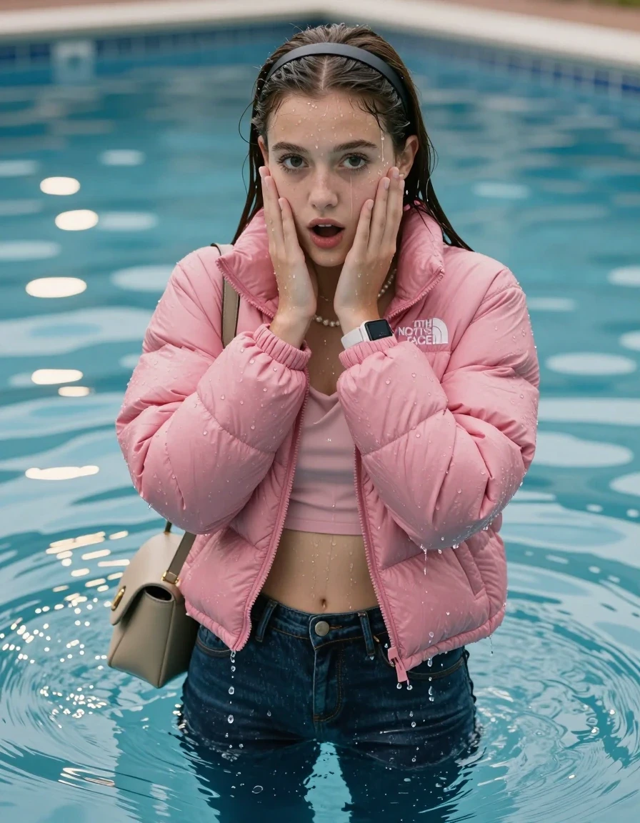 photo of young woman, in soaking wet, drenched clothes,
, Glistening soaked tight skinny jeans, Glistening soaked pink Puffer down jacket from north face, tight sexy tshirt with wide neckline belly free, shoulderbag, pearl necklace, smartwatch , Pool, 
enjoying, wet clothes stuck to body,
detailed textures of the wet clothes, wet face, wet plastered hair,
wet, drenched, professional, high-quality details, full body view.
sharp focus, ultra-high pixel detail, realistic, high-quality, full colors, incredibly detailed, 4k, 8k, 16k, hyper-realistic, RAW photo, masterpiece, ultra-detailed, professionally color graded, professional photograph, A realistic vertical fashion photograph of an  15-year-old teenage Girl submerged in a clear blue swimming pool. 
wet plastered hair. Brunette sleek long straight hair with a hairband with water cascading down her face and neck. Shy and astonished. Looking at camera. Hold her hands over her face. Open mouth, big eyes. The girl is positioned in the center of the frame, her head and shoulders visible above the shimmering water surface, while her body and legs are submerged below. Natural sunlight creates sparkling reflections on the water's surface. High-quality fashion photography, sharp focus on her face, cinematic lighting.
The lighting is bright and cinematic, highlighting the glistening water droplets on her skin and the saturated texture of her clothes.

her clothes are heavy from the water, water runs from her body and her clothes in streams. A lot of water also runs out of her clothes. Her clothes are darkened by the water. Her submerged clothes are clinging wet. 
soft atmospheric lighting reflecting off the surface, cinematic medium shot, hyper-realistic wetness, high-contrast water sheen, 8k resolution, sharp focus, wet skin, wet clothes, damp fabric