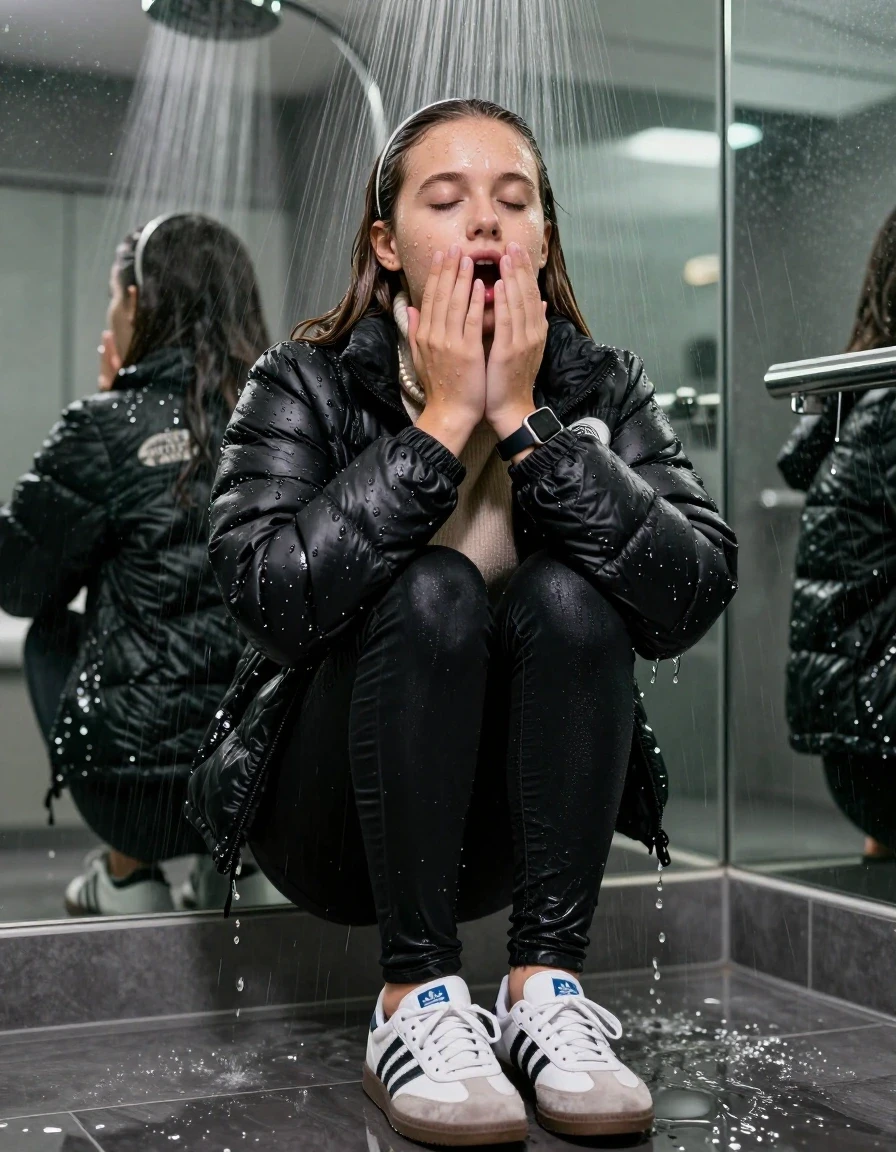 photo of young woman, in soaking wet, drenched clothes,
Totally Soaked White sneakers from Adidas Samba black striped , glistening soaked tight black skinny jeans , Glistening soaked black Puffer down jacket from north face, beige tight knit turtleneck sweater belly free, shoulderbag, pearl necklace, smartwatch , 15-year-old teenage Girl standing directly under a heavy powerful stream of water directely under shower in a modern mirrored  bathroom, 
enjoying, wet clothes stuck to body,
detailed textures of the wet clothes, wet face, wet plastered hair,
wet, drenched, professional, high-quality details, full body view.
sharp focus, ultra-high pixel detail, realistic, high-quality, full colors, incredibly detailed, 4k, 8k, 16k, hyper-realistic, RAW photo, masterpiece, ultra-detailed, professionally color graded, professional photograph, Behind view: 15-year-old teenage girl. looking  up.
wet plastered hair.  sleek long straight hair with a hairband with water cascading down her face and neck. Shocked  and astonished. closed eyes. Looking at camera. Hold her Hands on her mouth, pressed the knees together.

The Girls wear different clothes.

The lighting is bright and cinematic, highlighting the glistening water droplets on her skin and the saturated texture of her clothes.

her clothes are heavy from the water, water runs from her body and her clothes in streams. A lot of water also runs out of her clothes. Her clothes are darkened by the water. Her submerged clothes are clinging wet. 
soft atmospheric lighting reflecting off the surface, cinematic medium shot, hyper-realistic wetness, high-contrast water sheen, 8k resolution, sharp focus, detailed skin texture., wet skin, wet clothes, damp fabric,, wet skin, wet clothes, damp fabric, wet skin, wet clothes, damp fabric, wet skin, wet clothes, damp fabric, wet skin, wet clothes, damp fabric, wet skin, wet clothes, damp fabric, wet skin, wet clothes, damp fabric, wet skin, wet clothes, damp fabric, wet skin, wet clothes, damp fabric, wet skin, wet clothes, damp fabric, wet skin, wet clothes, damp fabric, wet skin, wet clothes, damp fabric