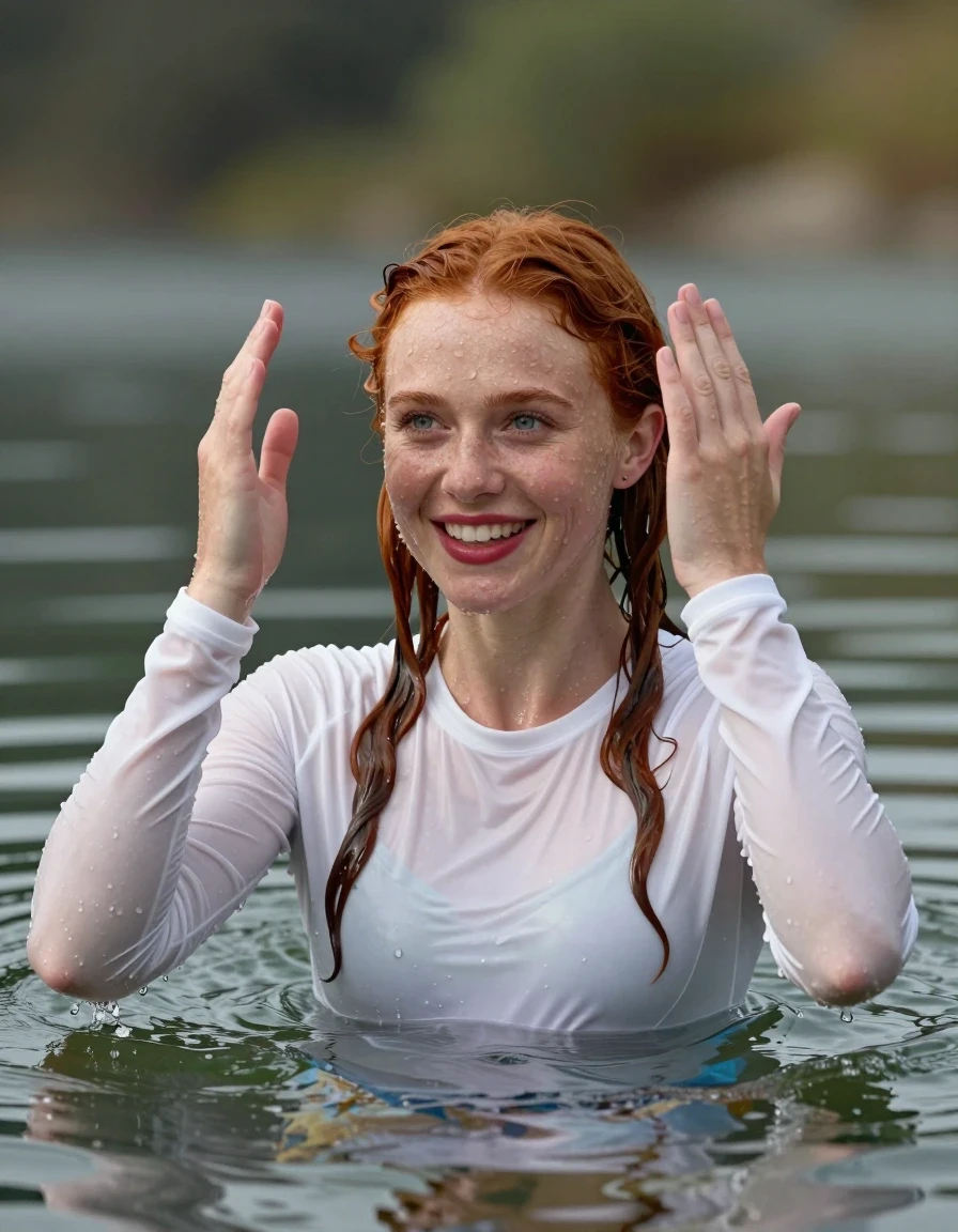 photo of young woman, in soaking wet, drenched clothes,
White longsleeves, Swimming in lake, 
enjoying, wet clothes stuck to body,
detailed textures of the wet clothes, wet face, wet plastered hair,
wet, drenched, professional, high-quality details, full body view.
sharp focus, ultra-high pixel detail, realistic, high-quality, full colors, incredibly detailed, 4k, 8k, 16k, hyper-realistic, RAW photo, masterpiece, ultra-detailed, professionally color graded, professional photograph, Young girl swimming totally submerged up of shoulders in lake smiling, upping hands, blue eyes, long red hair, red lipstick, wet skin, wet clothes, damp fabric