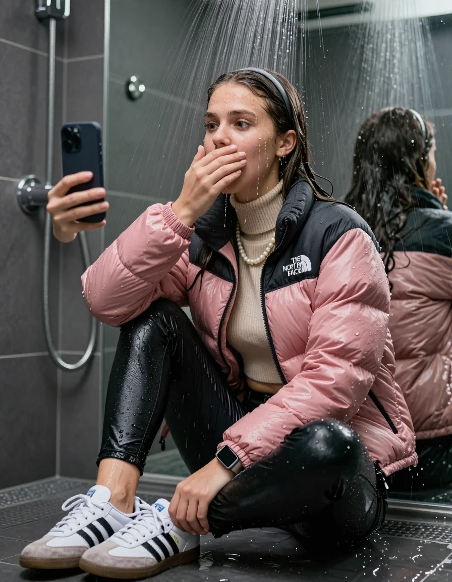 photo of young woman, in soaking wet, drenched clothes,
White sneakers from Adidas Samba black striped , glistening soaked tight black skinny jeans , Glistening soaked pink Puffer down jacket from north face, beige tight knit turtleneck sweater belly free, shoulderbag, pearl necklace, smartwatch , 15-year-old teenage Girl sitting directly under a heavy powerful stream of water directely under shower in a modern mirrored  bathroom, 
enjoying, wet clothes stuck to body,
detailed textures of the wet clothes, wet face, wet plastered hair,
wet, drenched, professional, high-quality details, full body view.
sharp focus, ultra-high pixel detail, realistic, high-quality, full colors, incredibly detailed, 4k, 8k, 16k, hyper-realistic, RAW photo, masterpiece, ultra-detailed, professionally color graded, professional photograph, Behind view: 15-year-old teenage girl. looking up.
wet plastered hair.  sleek long straight hair with a hairband with water cascading down her face and neck. Surprised and astonished. Looking at camera. Hold her hand on mouth. pressed the knees together. Take a Selfie.

The Girls wear different clothes.

The lighting is bright and cinematic, highlighting the glistening water droplets on her skin and the saturated texture of her clothes.

her clothes are heavy from the water, water runs from her body and her clothes in streams. A lot of water also runs out of her clothes. Her clothes are darkened by the water. Her submerged clothes are clinging wet. 
soft atmospheric lighting reflecting off the surface, cinematic medium shot, hyper-realistic wetness, high-contrast water sheen, 8k resolution, sharp focus, detailed skin texture., wet skin, wet clothes, damp fabric,, wet skin, wet clothes, damp fabric, wet skin, wet clothes, damp fabric, wet skin, wet clothes, damp fabric, wet skin, wet clothes, damp fabric, wet skin, wet clothes, damp fabric, wet skin, wet clothes, damp fabric, wet skin, wet clothes, damp fabric, wet skin, wet clothes, damp fabric, wet skin, wet clothes, damp fabric, wet skin, wet clothes, damp fabric, wet skin, wet clothes, damp fabric, wet skin, wet clothes, damp fabric, wet skin, wet clothes, damp fabric