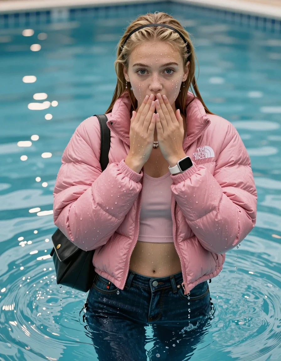 photo of young woman, in soaking wet, drenched clothes,
, Glistening soaked tight skinny jeans, Glistening soaked pink Puffer down jacket from north face, tight sexy tshirt with wide neckline belly free, shoulderbag, pearl necklace, smartwatch , Pool, 
enjoying, wet clothes stuck to body,
detailed textures of the wet clothes, wet face, wet plastered hair,
wet, drenched, professional, high-quality details, full body view.
sharp focus, ultra-high pixel detail, realistic, high-quality, full colors, incredibly detailed, 4k, 8k, 16k, hyper-realistic, RAW photo, masterpiece, ultra-detailed, professionally color graded, professional photograph, A realistic vertical fashion photograph of an  15-year-old teenage Girl submerged in a clear blue swimming pool. 
wet plastered hair. Blonde sleek long straight hair with a hairband with water cascading down her face and neck. Shy and astonished. Looking at camera. Hold her hands over mouth and nose. Open mouth, big eyes. The girl is positioned in the center of the frame, her head and shoulders visible above the shimmering water surface, while her body and legs are submerged below. Natural sunlight creates sparkling reflections on the water's surface. High-quality fashion photography, sharp focus on her face, cinematic lighting.
The lighting is bright and cinematic, highlighting the glistening water droplets on her skin and the saturated texture of her clothes.

her clothes are heavy from the water, water runs from her body and her clothes in streams. A lot of water also runs out of her clothes. Her clothes are darkened by the water. Her submerged clothes are clinging wet. 
soft atmospheric lighting reflecting off the surface, cinematic medium shot, hyper-realistic wetness, high-contrast water sheen, 8k resolution, sharp focus, wet skin, wet clothes, damp fabric
