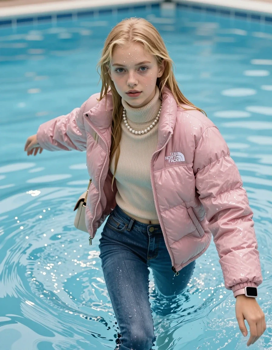 photo of young woman, in soaking wet, drenched clothes,
, Glistening soaked tight skinny jeans, Glistening soaked pink Puffer down jacket from north face, beige tight knit turtleneck sweater belly free, shoulderbag, pearl necklace, smartwatch , Pool, 
enjoying, wet clothes stuck to body,
detailed textures of the wet clothes, wet face, wet plastered hair,
wet, drenched, professional, high-quality details, full body view.
sharp focus, ultra-high pixel detail, realistic, high-quality, full colors, incredibly detailed, 4k, 8k, 16k, hyper-realistic, RAW photo, masterpiece, ultra-detailed, professionally color graded, professional photograph, A realistic vertical fashion photograph of an  15-year-old teenage Girl  with blonde sleek long straight hair standing in a clear blue swimming pool. The girl is positioned in the center of the frame, her head and shoulders visible above the shimmering water surface, while her body and legs are submerged below. She is captured in a dynamic swimming motion with her arms reaching forward. Natural sunlight creates sparkling reflections on the water's surface. High-quality fashion photography, sharp focus on her face, she Looks at camera, serene expression, cinematic lighting. Show her face clearly toward the camera at a mild three-quarter angle, large enough for a natural portrait face reference., wet skin, wet clothes, damp fabric