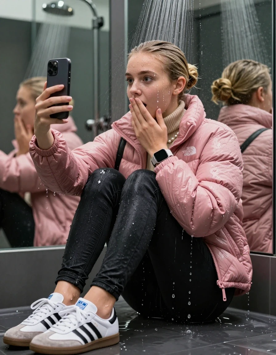 photo of young woman, in soaking wet, drenched clothes,
White sneakers from Adidas Samba black striped , glistening soaked tight black skinny jeans , Glistening soaked pink Puffer down jacket from north face, beige tight knit turtleneck sweater belly free, shoulderbag, pearl necklace, smartwatch , 15-year-old teenage Girl sitting directly under a heavy powerful stream of water directely under shower in a modern mirrored  bathroom, 
enjoying, wet clothes stuck to body,
detailed textures of the wet clothes, wet face, wet plastered hair,
wet, drenched, professional, high-quality details, full body view.
sharp focus, ultra-high pixel detail, realistic, high-quality, full colors, incredibly detailed, 4k, 8k, 16k, hyper-realistic, RAW photo, masterpiece, ultra-detailed, professionally color graded, professional photograph, Behind view: 15-year-old teenage girl. looking up.
wet plastered hair. Blonde sleek bun with water cascading down her face and neck. Surprised and astonished. Looking at camera. Hold one hand on mouth. pressed the knees together. Take a Selfie.

The Girls wear different clothes.

The lighting is bright and cinematic, highlighting the glistening water droplets on her skin and the saturated texture of her clothes.

her clothes are heavy from the water, water runs from her body and her clothes in streams. A lot of water also runs out of her clothes. Her clothes are darkened by the water. Her submerged clothes are clinging wet. 
soft atmospheric lighting reflecting off the surface, cinematic medium shot, hyper-realistic wetness, high-contrast water sheen, 8k resolution, sharp focus, detailed skin texture., wet skin, wet clothes, damp fabric,, wet skin, wet clothes, damp fabric, wet skin, wet clothes, damp fabric, wet skin, wet clothes, damp fabric, wet skin, wet clothes, damp fabric, wet skin, wet clothes, damp fabric, wet skin, wet clothes, damp fabric, wet skin, wet clothes, damp fabric, wet skin, wet clothes, damp fabric, wet skin, wet clothes, damp fabric, wet skin, wet clothes, damp fabric, wet skin, wet clothes, damp fabric, wet skin, wet clothes, damp fabric, wet skin, wet clothes, damp fabric