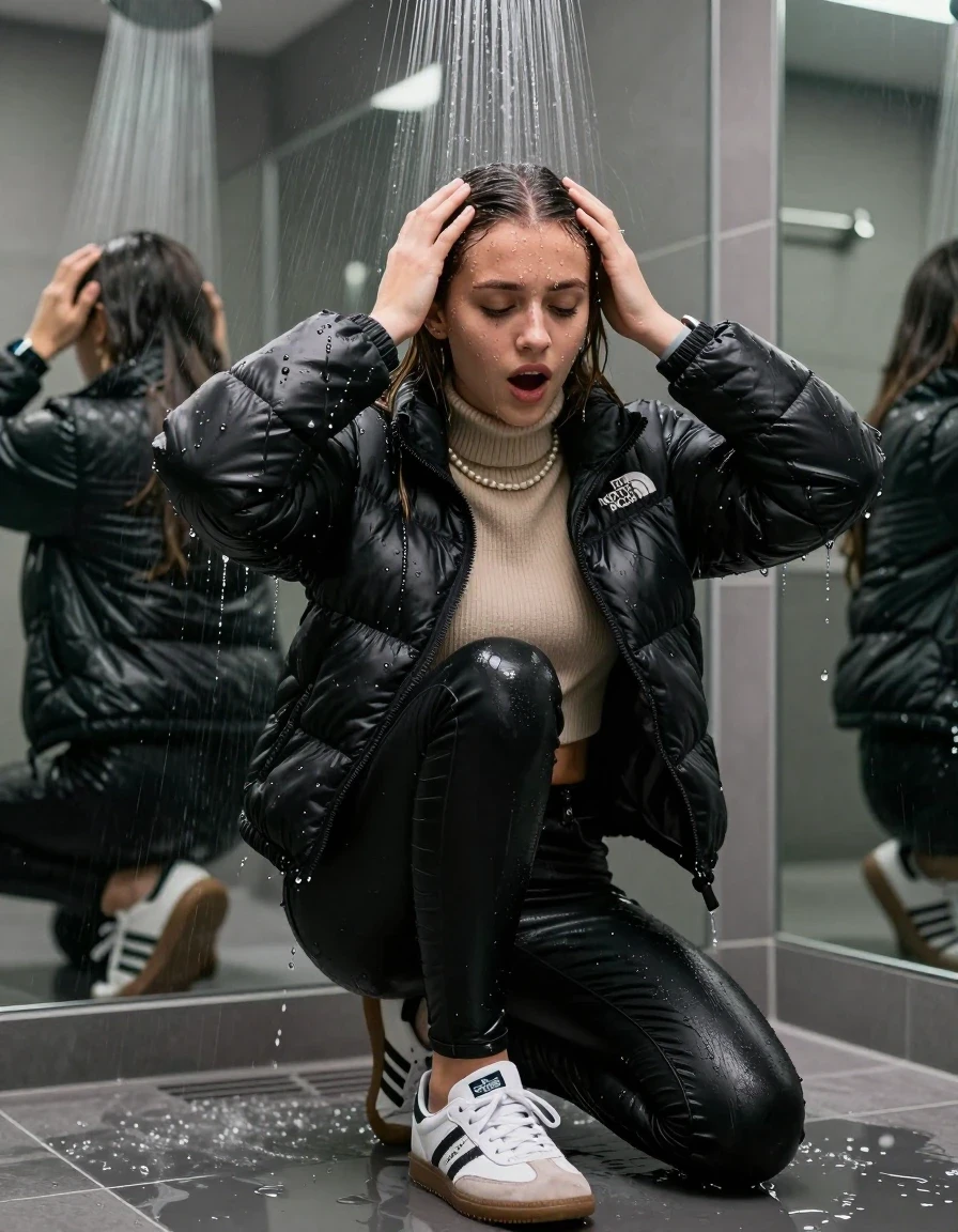 photo of young woman, in soaking wet, drenched clothes,
Totally Soaked White sneakers from Adidas Samba black striped , glistening soaked tight black skinny jeans , Glistening soaked black Puffer down jacket from north face, beige tight knit turtleneck sweater belly free, shoulderbag, pearl necklace, smartwatch , 15-year-old teenage Girl kneeling directly under a heavy powerful stream of water directely under shower in a modern mirrored  bathroom, 
enjoying, wet clothes stuck to body,
detailed textures of the wet clothes, wet face, wet plastered hair,
wet, drenched, professional, high-quality details, full body view.
sharp focus, ultra-high pixel detail, realistic, high-quality, full colors, incredibly detailed, 4k, 8k, 16k, hyper-realistic, RAW photo, masterpiece, ultra-detailed, professionally color graded, professional photograph, Behind view: 15-year-old teenage girl. looking  up.
wet plastered hair.  sleek long straight hair with a hairband with water cascading down her face and neck. Shocked  and astonished. Open mouth, closed eyes. Looking at camera. Hold her Hands on her forehead, pressed the knees together.

The Girls wear different clothes.

The lighting is bright and cinematic, highlighting the glistening water droplets on her skin and the saturated texture of her clothes.

her clothes are heavy from the water, water runs from her body and her clothes in streams. A lot of water also runs out of her clothes. Her clothes are darkened by the water. Her submerged clothes are clinging wet. 
soft atmospheric lighting reflecting off the surface, cinematic medium shot, hyper-realistic wetness, high-contrast water sheen, 8k resolution, sharp focus, detailed skin texture., wet skin, wet clothes, damp fabric,, wet skin, wet clothes, damp fabric, wet skin, wet clothes, damp fabric, wet skin, wet clothes, damp fabric, wet skin, wet clothes, damp fabric, wet skin, wet clothes, damp fabric, wet skin, wet clothes, damp fabric, wet skin, wet clothes, damp fabric, wet skin, wet clothes, damp fabric, wet skin, wet clothes, damp fabric, wet skin, wet clothes, damp fabric, wet skin, wet clothes, damp fabric
