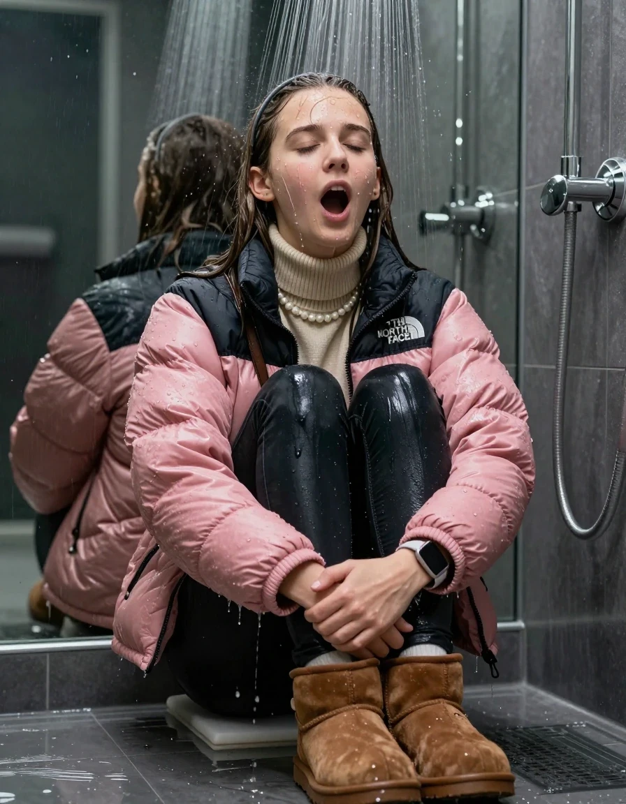 photo of young woman, in soaking wet, drenched clothes,
Totally soaked ugg Boots, glistening soaked tight black skinny jeans , Glistening soaked pink Puffer down jacket from north face, beige tight knit turtleneck sweater belly free, shoulderbag, pearl necklace, smartwatch , 15-year-old teenage Girl sitting directly under a heavy powerful stream of water directely under shower in a modern mirrored  bathroom, 
enjoying, wet clothes stuck to body,
detailed textures of the wet clothes, wet face, wet plastered hair,
wet, drenched, professional, high-quality details, full body view.
sharp focus, ultra-high pixel detail, realistic, high-quality, full colors, incredibly detailed, 4k, 8k, 16k, hyper-realistic, RAW photo, masterpiece, ultra-detailed, professionally color graded, professional photograph, Behind view: 15-year-old teenage girl. looking up.
wet plastered hair.  sleek long straight hair with a hairband with water cascading down her face and neck. Shocked  and astonished. Closed mouth, closed eyes. Looking at camera. Hold her Hands on her knees, pressed the knees together.

The Girls wear different clothes.

The lighting is bright and cinematic, highlighting the glistening water droplets on her skin and the saturated texture of her clothes.

her clothes are heavy from the water, water runs from her body and her clothes in streams. A lot of water also runs out of her clothes. Her clothes are darkened by the water. Her submerged clothes are clinging wet. 
soft atmospheric lighting reflecting off the surface, cinematic medium shot, hyper-realistic wetness, high-contrast water sheen, 8k resolution, sharp focus, detailed skin texture., wet skin, wet clothes, damp fabric,, wet skin, wet clothes, damp fabric, wet skin, wet clothes, damp fabric, wet skin, wet clothes, damp fabric, wet skin, wet clothes, damp fabric, wet skin, wet clothes, damp fabric, wet skin, wet clothes, damp fabric, wet skin, wet clothes, damp fabric, wet skin, wet clothes, damp fabric, wet skin, wet clothes, damp fabric, wet skin, wet clothes, damp fabric, wet skin, wet clothes, damp fabric, wet skin, wet clothes, damp fabric