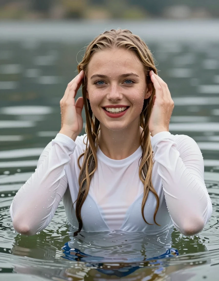 photo of young woman, in soaking wet, drenched clothes,
White longsleeves, Swimming in lake, 
enjoying, wet clothes stuck to body,
detailed textures of the wet clothes, wet face, wet plastered hair,
wet, drenched, professional, high-quality details, full body view.
sharp focus, ultra-high pixel detail, realistic, high-quality, full colors, incredibly detailed, 4k, 8k, 16k, hyper-realistic, RAW photo, masterpiece, ultra-detailed, professionally color graded, professional photograph, Young girl swimming totally submerged up of shoulders in lake smiling, upping hands, blue eyes, long blond hair, red lipstick, wet skin, wet clothes, damp fabric