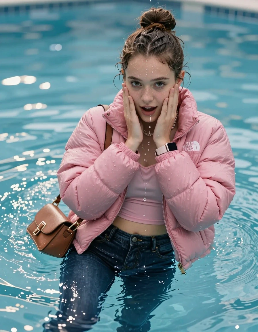 photo of young woman, in soaking wet, drenched clothes,
, Glistening soaked tight skinny jeans, Glistening soaked pink Puffer down jacket from north face, tight sexy tshirt with wide neckline belly free, shoulderbag, pearl necklace, smartwatch , Pool, 
enjoying, wet clothes stuck to body,
detailed textures of the wet clothes, wet face, wet plastered hair,
wet, drenched, professional, high-quality details, full body view.
sharp focus, ultra-high pixel detail, realistic, high-quality, full colors, incredibly detailed, 4k, 8k, 16k, hyper-realistic, RAW photo, masterpiece, ultra-detailed, professionally color graded, professional photograph, A realistic vertical fashion photograph of an  15-year-old teenage Girl lying after a dip submerged in a clear blue swimming pool. 
Complete wet plastered hair. Brunette  topknot with water cascading down her clothes. Shy and astonished. Slightly smile. Looking at camera. Hold her hands over her face. Open mouth, big eyes. She soak her shoulderbag in the water. The girl is positioned in the center of the frame, her head and shoulders visible above the shimmering water surface, while her body and legs are submerged below. Natural sunlight creates sparkling reflections on the water's surface. High-quality fashion photography, sharp focus on her face, cinematic lighting.
The lighting is bright and cinematic, highlighting the glistening water droplets on her skin and the saturated texture of her clothes.

her clothes are heavy from the water, water runs from her body and her clothes in streams. A lot of water also runs out of her clothes. Her clothes are darkened by the water. Her submerged clothes are clinging wet. 
soft atmospheric lighting reflecting off the surface, cinematic medium shot, hyper-realistic wetness, high-contrast water sheen, 8k resolution, sharp focus, wet skin, wet clothes, damp fabric, wet skin, wet clothes, damp fabric