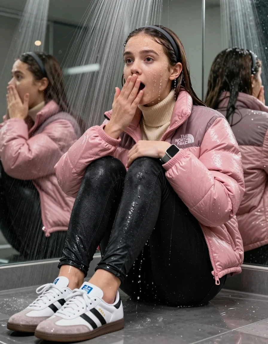 photo of young woman, in soaking wet, drenched clothes,
White sneakers from Adidas Samba black striped , glistening soaked tight black skinny jeans , Glistening soaked pink Puffer down jacket from north face, beige tight knit turtleneck sweater belly free, shoulderbag, pearl necklace, smartwatch , 15-year-old teenage Girl sitting directly under a heavy powerful stream of water directely under shower in a modern mirrored  bathroom, 
enjoying, wet clothes stuck to body,
detailed textures of the wet clothes, wet face, wet plastered hair,
wet, drenched, professional, high-quality details, full body view.
sharp focus, ultra-high pixel detail, realistic, high-quality, full colors, incredibly detailed, 4k, 8k, 16k, hyper-realistic, RAW photo, masterpiece, ultra-detailed, professionally color graded, professional photograph, Behind view: 15-year-old teenage girl. looking up.
wet plastered hair.  sleek long straight hair with a hairband with water cascading down her face and neck. Surprised and astonished. Looking at camera. Hold one hand on mouth. pressed the knees together. Take a Selfie.

The Girls wear different clothes.

The lighting is bright and cinematic, highlighting the glistening water droplets on her skin and the saturated texture of her clothes.

her clothes are heavy from the water, water runs from her body and her clothes in streams. A lot of water also runs out of her clothes. Her clothes are darkened by the water. Her submerged clothes are clinging wet. 
soft atmospheric lighting reflecting off the surface, cinematic medium shot, hyper-realistic wetness, high-contrast water sheen, 8k resolution, sharp focus, detailed skin texture., wet skin, wet clothes, damp fabric,, wet skin, wet clothes, damp fabric, wet skin, wet clothes, damp fabric, wet skin, wet clothes, damp fabric, wet skin, wet clothes, damp fabric, wet skin, wet clothes, damp fabric, wet skin, wet clothes, damp fabric, wet skin, wet clothes, damp fabric, wet skin, wet clothes, damp fabric, wet skin, wet clothes, damp fabric, wet skin, wet clothes, damp fabric, wet skin, wet clothes, damp fabric, wet skin, wet clothes, damp fabric, wet skin, wet clothes, damp fabric