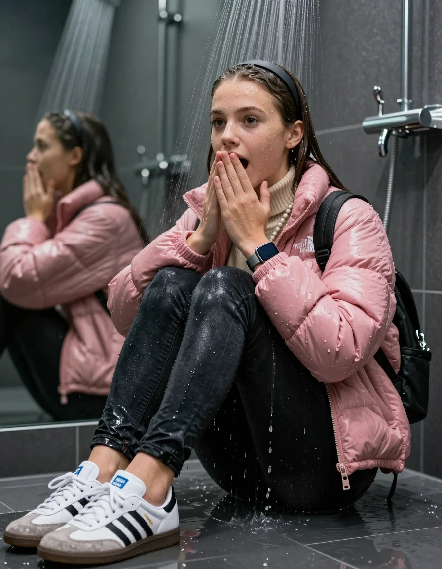 photo of young woman, in soaking wet, drenched clothes,
White sneakers from Adidas Samba black striped , glistening soaked tight black skinny jeans , Glistening soaked pink Puffer down jacket from north face, beige tight knit turtleneck sweater belly free, shoulderbag, pearl necklace, smartwatch , 15-year-old teenage Girl sitting directly under a heavy powerful stream of water directely under shower in a modern mirrored  bathroom, 
enjoying, wet clothes stuck to body,
detailed textures of the wet clothes, wet face, wet plastered hair,
wet, drenched, professional, high-quality details, full body view.
sharp focus, ultra-high pixel detail, realistic, high-quality, full colors, incredibly detailed, 4k, 8k, 16k, hyper-realistic, RAW photo, masterpiece, ultra-detailed, professionally color graded, professional photograph, Behind view: 15-year-old teenage girl. looking up.
wet plastered hair.  sleek long straight hair with a hairband with water cascading down her face and neck. Surprised and astonished. Looking at camera. Hold her hand on mouth. pressed the knees together. Take a Selfie.

The Girls wear different clothes.

The lighting is bright and cinematic, highlighting the glistening water droplets on her skin and the saturated texture of her clothes.

her clothes are heavy from the water, water runs from her body and her clothes in streams. A lot of water also runs out of her clothes. Her clothes are darkened by the water. Her submerged clothes are clinging wet. 
soft atmospheric lighting reflecting off the surface, cinematic medium shot, hyper-realistic wetness, high-contrast water sheen, 8k resolution, sharp focus, detailed skin texture., wet skin, wet clothes, damp fabric,, wet skin, wet clothes, damp fabric, wet skin, wet clothes, damp fabric, wet skin, wet clothes, damp fabric, wet skin, wet clothes, damp fabric, wet skin, wet clothes, damp fabric, wet skin, wet clothes, damp fabric, wet skin, wet clothes, damp fabric, wet skin, wet clothes, damp fabric, wet skin, wet clothes, damp fabric, wet skin, wet clothes, damp fabric, wet skin, wet clothes, damp fabric, wet skin, wet clothes, damp fabric, wet skin, wet clothes, damp fabric