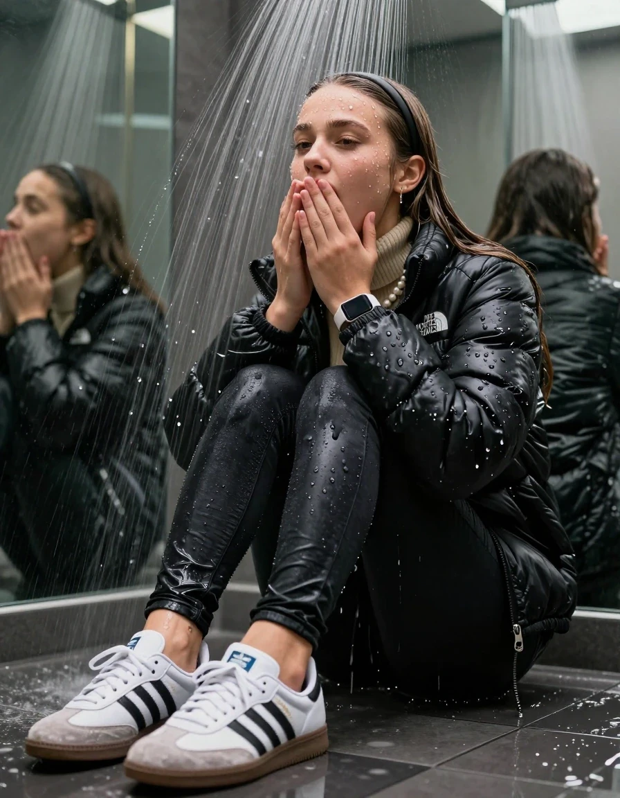photo of young woman, in soaking wet, drenched clothes,
Totally Soaked White sneakers from Adidas Samba black striped , glistening soaked tight black skinny jeans , Glistening soaked black Puffer down jacket from north face, beige tight knit turtleneck sweater belly free, shoulderbag, pearl necklace, smartwatch , 15-year-old teenage Girl sitting directly under a heavy powerful stream of water directely under shower in a modern mirrored  bathroom, 
enjoying, wet clothes stuck to body,
detailed textures of the wet clothes, wet face, wet plastered hair,
wet, drenched, professional, high-quality details, full body view.
sharp focus, ultra-high pixel detail, realistic, high-quality, full colors, incredibly detailed, 4k, 8k, 16k, hyper-realistic, RAW photo, masterpiece, ultra-detailed, professionally color graded, professional photograph, Behind view: 15-year-old teenage girl. looking  up.
wet plastered hair.  sleek long straight hair with a hairband with water cascading down her face and neck. Shocked  and astonished. Open mouth, closed eyes. Looking at camera. Hold her Hands on her mouth, pressed the knees together.

The Girls wear different clothes.

The lighting is bright and cinematic, highlighting the glistening water droplets on her skin and the saturated texture of her clothes.

her clothes are heavy from the water, water runs from her body and her clothes in streams. A lot of water also runs out of her clothes. Her clothes are darkened by the water. Her submerged clothes are clinging wet. 
soft atmospheric lighting reflecting off the surface, cinematic medium shot, hyper-realistic wetness, high-contrast water sheen, 8k resolution, sharp focus, detailed skin texture., wet skin, wet clothes, damp fabric,, wet skin, wet clothes, damp fabric, wet skin, wet clothes, damp fabric, wet skin, wet clothes, damp fabric, wet skin, wet clothes, damp fabric, wet skin, wet clothes, damp fabric, wet skin, wet clothes, damp fabric, wet skin, wet clothes, damp fabric, wet skin, wet clothes, damp fabric, wet skin, wet clothes, damp fabric, wet skin, wet clothes, damp fabric, wet skin, wet clothes, damp fabric