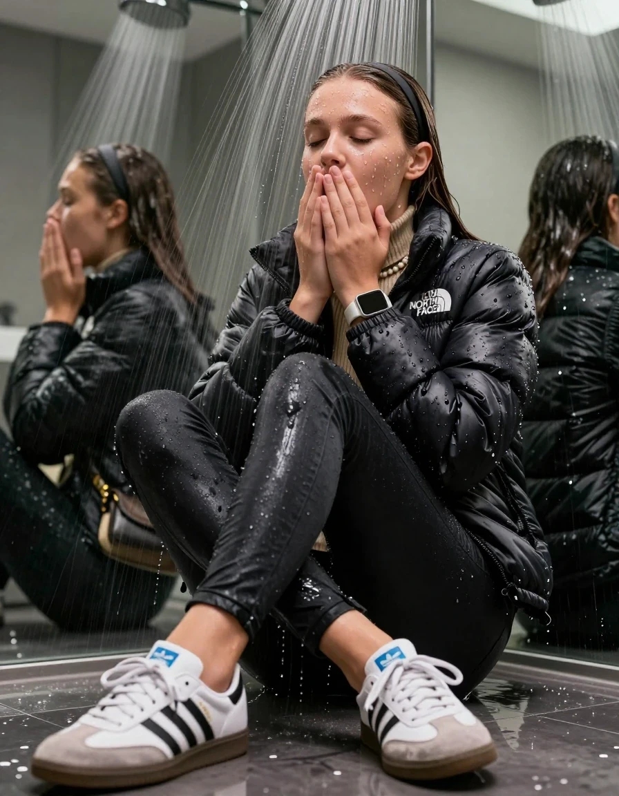 photo of young woman, in soaking wet, drenched clothes,
Totally Soaked White sneakers from Adidas Samba black striped , glistening soaked tight black skinny jeans , Glistening soaked black Puffer down jacket from north face, beige tight knit turtleneck sweater belly free, shoulderbag, pearl necklace, smartwatch , 15-year-old teenage Girl relaxing directly under a heavy powerful stream of water directely under shower in a modern mirrored  bathroom, 
enjoying, wet clothes stuck to body,
detailed textures of the wet clothes, wet face, wet plastered hair,
wet, drenched, professional, high-quality details, full body view.
sharp focus, ultra-high pixel detail, realistic, high-quality, full colors, incredibly detailed, 4k, 8k, 16k, hyper-realistic, RAW photo, masterpiece, ultra-detailed, professionally color graded, professional photograph, Behind view: 15-year-old teenage girl. looking  up.
wet plastered hair.  sleek long straight hair with a hairband with water cascading down her face and neck. Shocked  and astonished. closed eyes. Looking at camera. Hold her Hands on her mouth

The Girls wear different clothes.

The lighting is bright and cinematic, highlighting the glistening water droplets on her skin and the saturated texture of her clothes.

her clothes are heavy from the water, water runs from her body and her clothes in streams. A lot of water also runs out of her clothes. Her clothes are darkened by the water. Her submerged clothes are clinging wet. 
soft atmospheric lighting reflecting off the surface, cinematic medium shot, hyper-realistic wetness, high-contrast water sheen, 8k resolution, sharp focus, detailed skin texture., wet skin, wet clothes, damp fabric,, wet skin, wet clothes, damp fabric, wet skin, wet clothes, damp fabric, wet skin, wet clothes, damp fabric, wet skin, wet clothes, damp fabric, wet skin, wet clothes, damp fabric, wet skin, wet clothes, damp fabric, wet skin, wet clothes, damp fabric, wet skin, wet clothes, damp fabric, wet skin, wet clothes, damp fabric, wet skin, wet clothes, damp fabric, wet skin, wet clothes, damp fabric