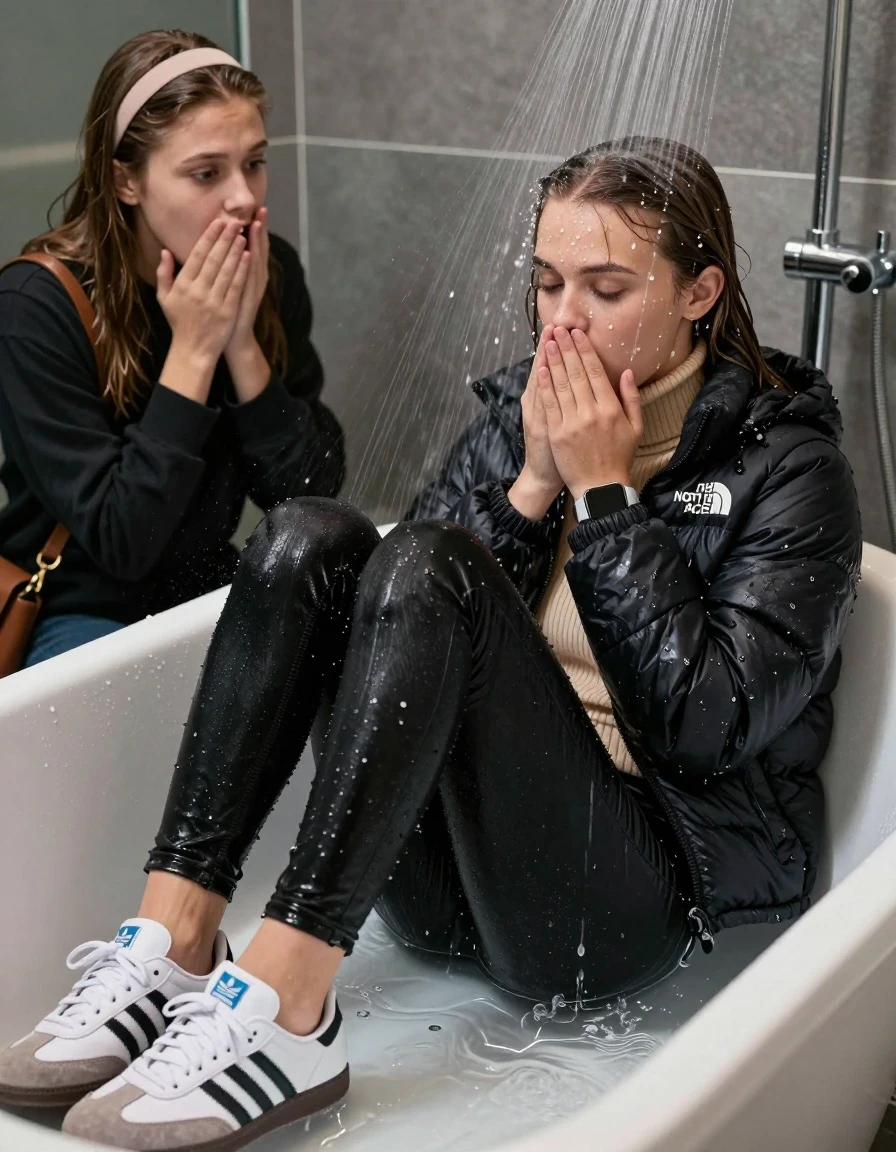 photo of young woman, in soaking wet, drenched clothes,
Totally Soaked White sneakers from Adidas Samba black striped , glistening soaked tight black skinny jeans , Glistening soaked black Puffer down jacket from north face, beige tight knit turtleneck sweater belly free, shoulderbag, pearl necklace, smartwatch , 15-year-old teenage Girl relaxing directly under a heavy powerful stream of water in a bathtube of a modern bathroom, a shocked friend sits beside the tube and watching her, 
enjoying, wet clothes stuck to body,
detailed textures of the wet clothes, wet face, wet plastered hair,
wet, drenched, professional, high-quality details, full body view.
sharp focus, ultra-high pixel detail, realistic, high-quality, full colors, incredibly detailed, 4k, 8k, 16k, hyper-realistic, RAW photo, masterpiece, ultra-detailed, professionally color graded, professional photograph, Behind view: 15-year-old teenage girl. looking  down.
wet plastered hair.  sleek long straight hair with a hairband with water cascading down her face and neck. Shocked  and astonished. closed eyes. Looking at camera. Hold her Hands on her mouth

The Girls wear different clothes.

The lighting is bright and cinematic, highlighting the glistening water droplets on her skin and the saturated texture of her clothes.

The water jet hits her head directly, her clothes are heavy from the water, water runs from her body and her clothes in streams. A lot of water also runs out of her clothes. Her clothes are darkened by the water. Her submerged clothes are clinging wet. 
soft atmospheric lighting reflecting off the surface, cinematic medium shot, hyper-realistic wetness, high-contrast water sheen, 8k resolution, sharp focus, detailed skin texture., wet skin, wet clothes, damp fabric,, wet skin, wet clothes, damp fabric, wet skin, wet clothes, damp fabric, wet skin, wet clothes, damp fabric, wet skin, wet clothes, damp fabric, wet skin, wet clothes, damp fabric, wet skin, wet clothes, damp fabric, wet skin, wet clothes, damp fabric, wet skin, wet clothes, damp fabric, wet skin, wet clothes, damp fabric, wet skin, wet clothes, damp fabric, wet skin, wet clothes, damp fabric