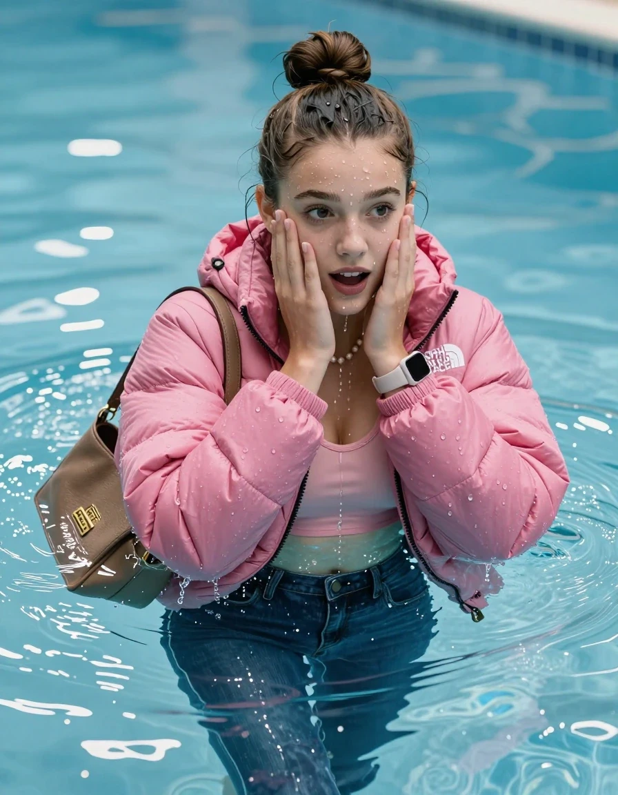 photo of young woman, in soaking wet, drenched clothes,
, Glistening soaked tight skinny jeans, Glistening soaked pink Puffer down jacket from north face, tight sexy tshirt with wide neckline belly free, shoulderbag, pearl necklace, smartwatch , Pool, 
enjoying, wet clothes stuck to body,
detailed textures of the wet clothes, wet face, wet plastered hair,
wet, drenched, professional, high-quality details, full body view.
sharp focus, ultra-high pixel detail, realistic, high-quality, full colors, incredibly detailed, 4k, 8k, 16k, hyper-realistic, RAW photo, masterpiece, ultra-detailed, professionally color graded, professional photograph, A realistic vertical fashion photograph of an  15-year-old teenage Girl lying after a dip submerged in a clear blue swimming pool. 
Complete wet plastered hair. Brunette  topknot with water cascading down her clothes. Shy and astonished. Slightly smile. Looking at camera. Hold her hands over her face. Open mouth, big eyes. She soak her shoulderbag in the water. The girl is positioned in the center of the frame, her head and shoulders visible above the shimmering water surface, while her body and legs are submerged below. Natural sunlight creates sparkling reflections on the water's surface. High-quality fashion photography, sharp focus on her face, cinematic lighting.
The lighting is bright and cinematic, highlighting the glistening water droplets on her skin and the saturated texture of her clothes.

her clothes are heavy from the water, water runs from her body and her clothes in streams. A lot of water also runs out of her clothes. Her clothes are darkened by the water. Her submerged clothes are clinging wet. 
soft atmospheric lighting reflecting off the surface, cinematic medium shot, hyper-realistic wetness, high-contrast water sheen, 8k resolution, sharp focus, wet skin, wet clothes, damp fabric, wet skin, wet clothes, damp fabric
