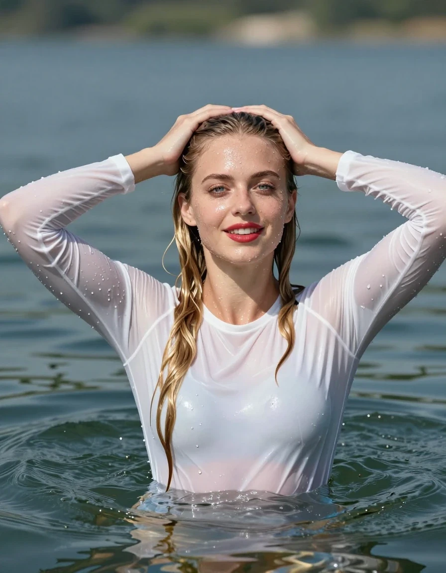 photo of young woman, in soaking wet, drenched clothes,
White longsleeves, Swimming in lake, 
enjoying, wet clothes stuck to body,
detailed textures of the wet clothes, wet face, wet plastered hair,
wet, drenched, professional, high-quality details, full body view.
sharp focus, ultra-high pixel detail, realistic, high-quality, full colors, incredibly detailed, 4k, 8k, 16k, hyper-realistic, RAW photo, masterpiece, ultra-detailed, professionally color graded, professional photograph, Young girl swimming submerged up of shoulders in lake smiling, upping hands, blue eyes, long blond hair, red lipstick, wet skin, wet clothes, damp fabric