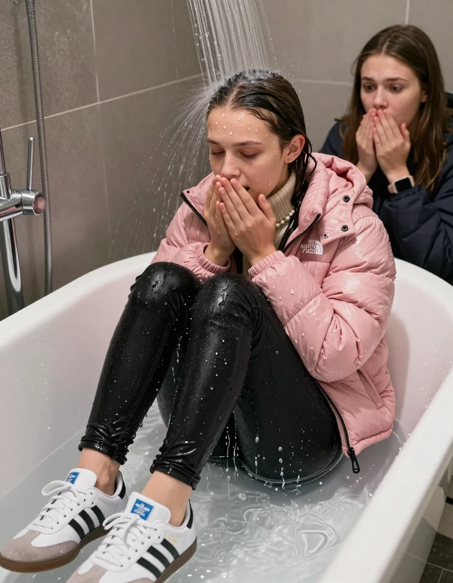 photo of young woman, in soaking wet, drenched clothes,
Totally Soaked White sneakers from Adidas Samba black striped , glistening soaked tight black skinny jeans , Glistening soaked pink Puffer down jacket from north face, beige tight knit turtleneck sweater belly free, shoulderbag, pearl necklace, smartwatch , 15-year-old teenage Girl relaxing directly under a heavy powerful stream of water in a bathtube of a modern bathroom, a shocked friend sits beside the tube and watching her, 
enjoying, wet clothes stuck to body,
detailed textures of the wet clothes, wet face, wet plastered hair,
wet, drenched, professional, high-quality details, full body view.
sharp focus, ultra-high pixel detail, realistic, high-quality, full colors, incredibly detailed, 4k, 8k, 16k, hyper-realistic, RAW photo, masterpiece, ultra-detailed, professionally color graded, professional photograph, Behind view: 15-year-old teenage girl. looking  down.
wet plastered hair.  sleek long straight hair with a hairband with water cascading down her face and neck. Shocked  and astonished. closed eyes. Looking at camera. Hold her Hands on her mouth

The Girls wear different clothes.

The lighting is bright and cinematic, highlighting the glistening water droplets on her skin and the saturated texture of her clothes. The shoes are under water.

The water jet hits her head directly, her clothes are heavy from the water, water runs from her body and her clothes in streams. A lot of water also runs out of her clothes. Her clothes are darkened by the water. Her submerged clothes are clinging wet. 
soft atmospheric lighting reflecting off the surface, cinematic medium shot, hyper-realistic wetness, high-contrast water sheen, 8k resolution, sharp focus, detailed skin texture., wet skin, wet clothes, damp fabric,, wet skin, wet clothes, damp fabric, wet skin, wet clothes, damp fabric, wet skin, wet clothes, damp fabric, wet skin, wet clothes, damp fabric, wet skin, wet clothes, damp fabric, wet skin, wet clothes, damp fabric, wet skin, wet clothes, damp fabric, wet skin, wet clothes, damp fabric, wet skin, wet clothes, damp fabric, wet skin, wet clothes, damp fabric, wet skin, wet clothes, damp fabric