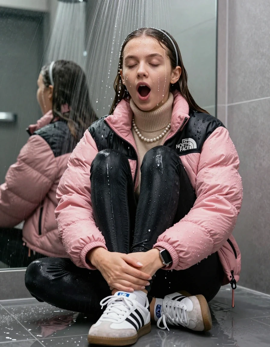 photo of young woman, in soaking wet, drenched clothes,
White sneakers from Adidas Samba black striped , glistening soaked tight black skinny jeans , Glistening soaked pink Puffer down jacket from north face, beige tight knit turtleneck sweater belly free, shoulderbag, pearl necklace, smartwatch , 15-year-old teenage Girl sitting directly under a heavy powerful stream of water directely under shower in a modern mirrored  bathroom, 
enjoying, wet clothes stuck to body,
detailed textures of the wet clothes, wet face, wet plastered hair,
wet, drenched, professional, high-quality details, full body view.
sharp focus, ultra-high pixel detail, realistic, high-quality, full colors, incredibly detailed, 4k, 8k, 16k, hyper-realistic, RAW photo, masterpiece, ultra-detailed, professionally color graded, professional photograph, Behind view: 15-year-old teenage girl. looking up.
wet plastered hair.  sleek long straight hair with a hairband with water cascading down her face and neck. Shocked  and astonished. Closed mouth, closed eyes. Looking at camera. Hold her Hands on her knees, pressed the knees together.

The Girls wear different clothes.

The lighting is bright and cinematic, highlighting the glistening water droplets on her skin and the saturated texture of her clothes.

her clothes are heavy from the water, water runs from her body and her clothes in streams. A lot of water also runs out of her clothes. Her clothes are darkened by the water. Her submerged clothes are clinging wet. 
soft atmospheric lighting reflecting off the surface, cinematic medium shot, hyper-realistic wetness, high-contrast water sheen, 8k resolution, sharp focus, detailed skin texture., wet skin, wet clothes, damp fabric,, wet skin, wet clothes, damp fabric, wet skin, wet clothes, damp fabric, wet skin, wet clothes, damp fabric, wet skin, wet clothes, damp fabric, wet skin, wet clothes, damp fabric, wet skin, wet clothes, damp fabric, wet skin, wet clothes, damp fabric, wet skin, wet clothes, damp fabric, wet skin, wet clothes, damp fabric, wet skin, wet clothes, damp fabric, wet skin, wet clothes, damp fabric, wet skin, wet clothes, damp fabric