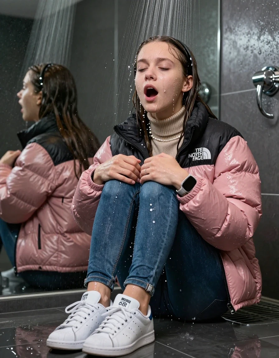photo of young woman, in soaking wet, drenched clothes,
White sneakers from Adidas Stan Smith , glistening soaked tight skinny jeans , Glistening soaked pink Puffer down jacket from north face, beige tight knit turtleneck sweater belly free, shoulderbag, pearl necklace, smartwatch , 15-year-old teenage Girl sitting directly under a heavy powerful stream of water directely under shower in a modern mirrored  bathroom, 
enjoying, wet clothes stuck to body,
detailed textures of the wet clothes, wet face, wet plastered hair,
wet, drenched, professional, high-quality details, full body view.
sharp focus, ultra-high pixel detail, realistic, high-quality, full colors, incredibly detailed, 4k, 8k, 16k, hyper-realistic, RAW photo, masterpiece, ultra-detailed, professionally color graded, professional photograph, Behind view: 15-year-old teenage girl. looking up.
wet plastered hair.  sleek long straight hair with a hairband with water cascading down her face and neck. Shocked  and astonished. Closed mouth, closed eyes. Looking at camera. Hold her Hands on her knees, pressed the knees together.

The Girls wear different clothes.

The lighting is bright and cinematic, highlighting the glistening water droplets on her skin and the saturated texture of her clothes.

her clothes are heavy from the water, water runs from her body and her clothes in streams. A lot of water also runs out of her clothes. Her clothes are darkened by the water. Her submerged clothes are clinging wet. 
soft atmospheric lighting reflecting off the surface, cinematic medium shot, hyper-realistic wetness, high-contrast water sheen, 8k resolution, sharp focus, detailed skin texture., wet skin, wet clothes, damp fabric,, wet skin, wet clothes, damp fabric, wet skin, wet clothes, damp fabric, wet skin, wet clothes, damp fabric, wet skin, wet clothes, damp fabric, wet skin, wet clothes, damp fabric, wet skin, wet clothes, damp fabric, wet skin, wet clothes, damp fabric, wet skin, wet clothes, damp fabric, wet skin, wet clothes, damp fabric, wet skin, wet clothes, damp fabric, wet skin, wet clothes, damp fabric