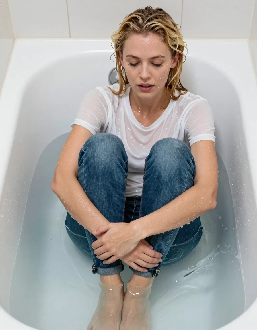 photo of young woman, in soaking wet, drenched clothes,
barefoot, blue jeans, white t-shirt, bathtub full of water, 
enjoying, wet clothes stuck to body,
detailed textures of the wet clothes, wet face, wet plastered hair,
wet, drenched, professional, high-quality details, full body view.
sharp focus, ultra-high pixel detail, realistic, high-quality, full colors, incredibly detailed, 4k, 8k, 16k, hyper-realistic, RAW photo, masterpiece, ultra-detailed, professionally color graded, professional photograph, a young girl with blonde hair loves to get wet in the bathtub. she enjoys the feel of the warm water., wet skin, wet clothes, damp fabric
