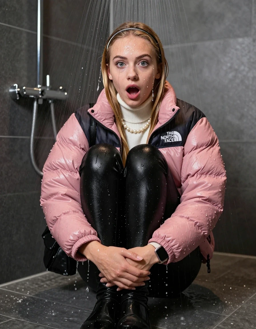 photo of young woman, in soaking wet, drenched clothes,
Black pumps , glistening soaked tight black leatherleggings , Glistening soaked pink Puffer down jacket from north face, white tight knit turtleneck sweater belly free, shoulderbag, pearl necklace, smartwatch , 15-year-old teenage Girl directly under a heavy, powerful stream of water directely under shower in a modern  bathroom, 
enjoying, wet clothes stuck to body,
detailed textures of the wet clothes, wet face, wet plastered hair,
wet, drenched, professional, high-quality details, full body view.
sharp focus, ultra-high pixel detail, realistic, high-quality, full colors, incredibly detailed, 4k, 8k, 16k, hyper-realistic, RAW photo, masterpiece, ultra-detailed, professionally color graded, professional photograph, Behind view: 15-year-old teenage girl. looking at camera.
wet plastered hair. Blonde sleek long straight hair with a hairband with water cascading down her face and neck. Shocked  and astonished. open mouth, big eyes. Looking at camera. Hold her Hand on her knees, pressed the knees together.

The Girls wear different clothes.

The lighting is bright and cinematic, highlighting the glistening water droplets on her skin and the saturated texture of her clothes.

her clothes are heavy from the water, water runs from her body and her clothes in streams. A lot of water also runs out of her clothes. Her clothes are darkened by the water. Her submerged clothes are clinging wet. 
soft atmospheric lighting reflecting off the surface, cinematic medium shot, hyper-realistic wetness, high-contrast water sheen, 8k resolution, sharp focus, detailed skin texture., wet skin, wet clothes, damp fabric,, wet skin, wet clothes, damp fabric, wet skin, wet clothes, damp fabric, wet skin, wet clothes, damp fabric, wet skin, wet clothes, damp fabric, wet skin, wet clothes, damp fabric, wet skin, wet clothes, damp fabric, wet skin, wet clothes, damp fabric, wet skin, wet clothes, damp fabric, wet skin, wet clothes, damp fabric, wet skin, wet clothes, damp fabric, wet skin, wet clothes, damp fabric